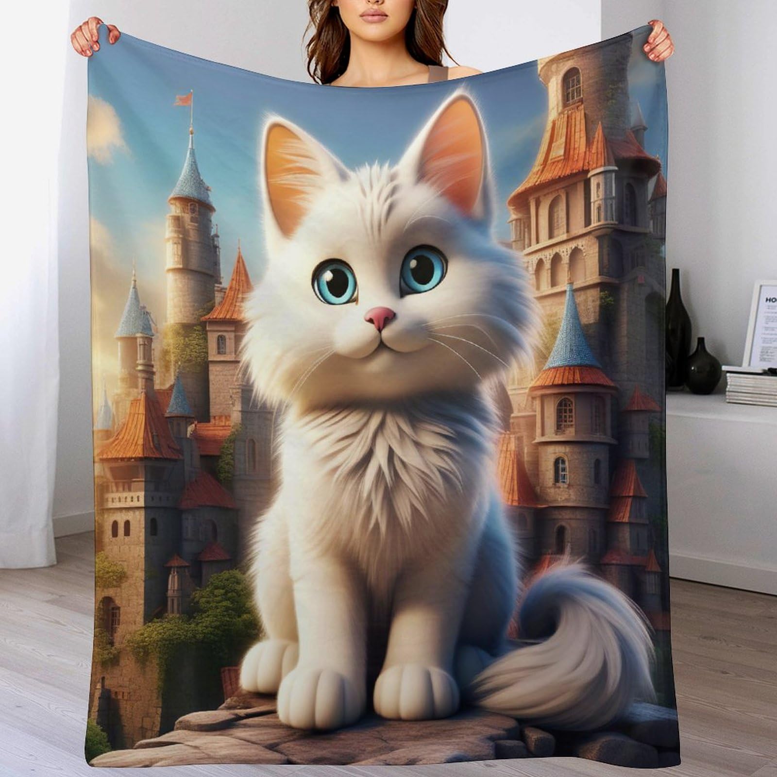 Couverture polaire chat mignon en flannel douce pour lit et canape de 130x150cm