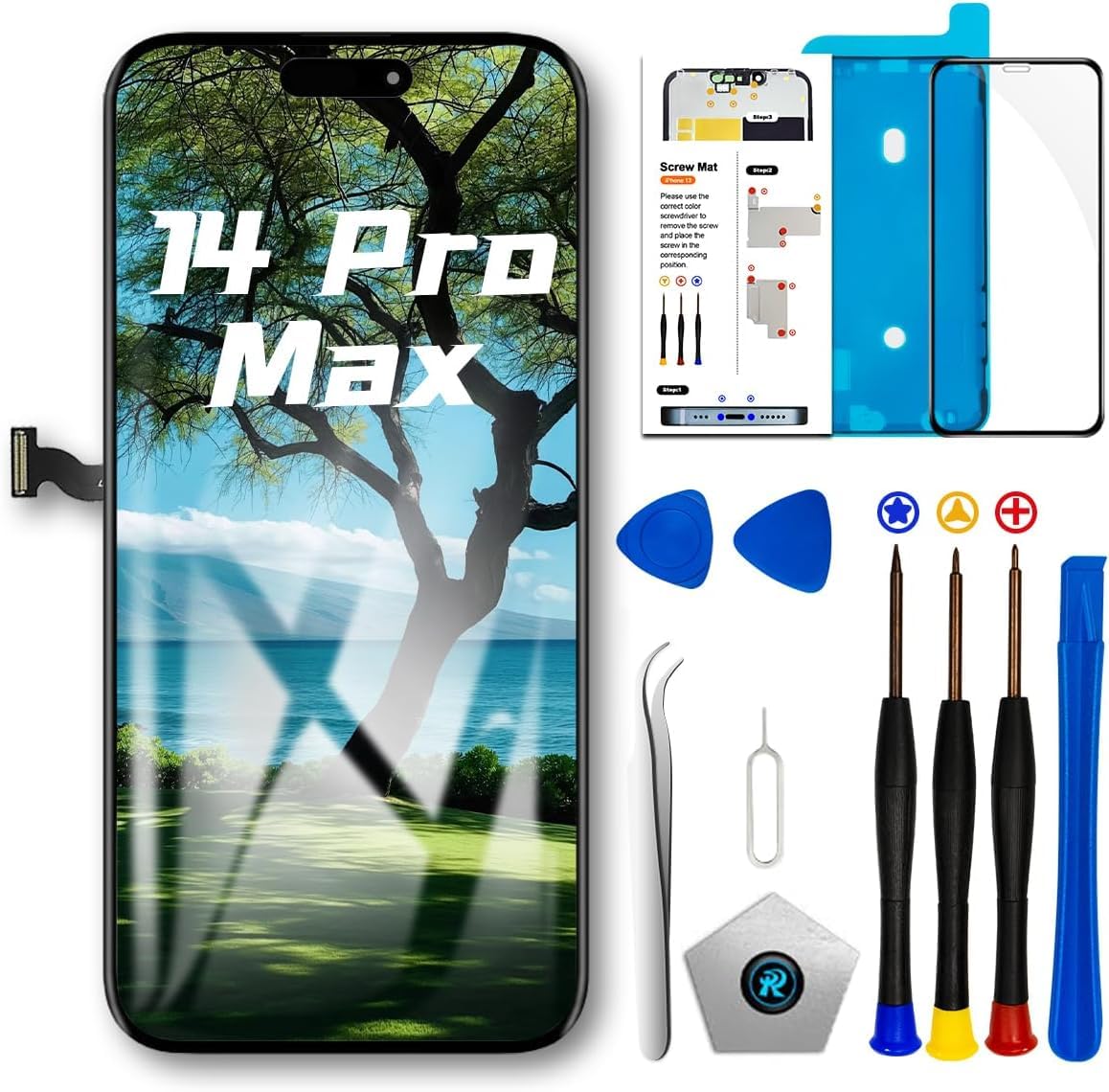 Dinow Pantalla para iPhone 14 ProMax LCD 6,7'' FHD Reemplazo de Pantalla 3D Touch y Kit de reparación y Protector de Pantalla (Completo para los Modelos A2894, A2651, A2893, A2896, A2895)