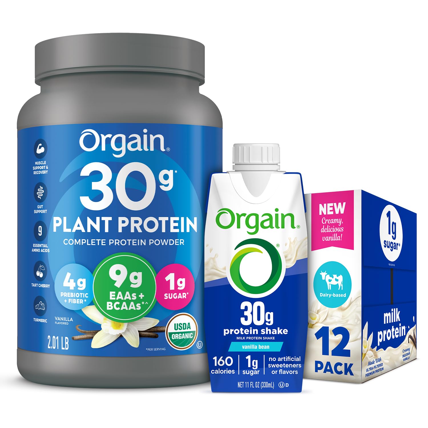 Orgain 30g High Protein Ready To Drink Shake, Vanilla Bean, 11 Fl Oz (Pack of 12) + Orgain Organic 30g Vegan Protein Powder, Vanilla 2.01 lb (Packaging May Vary