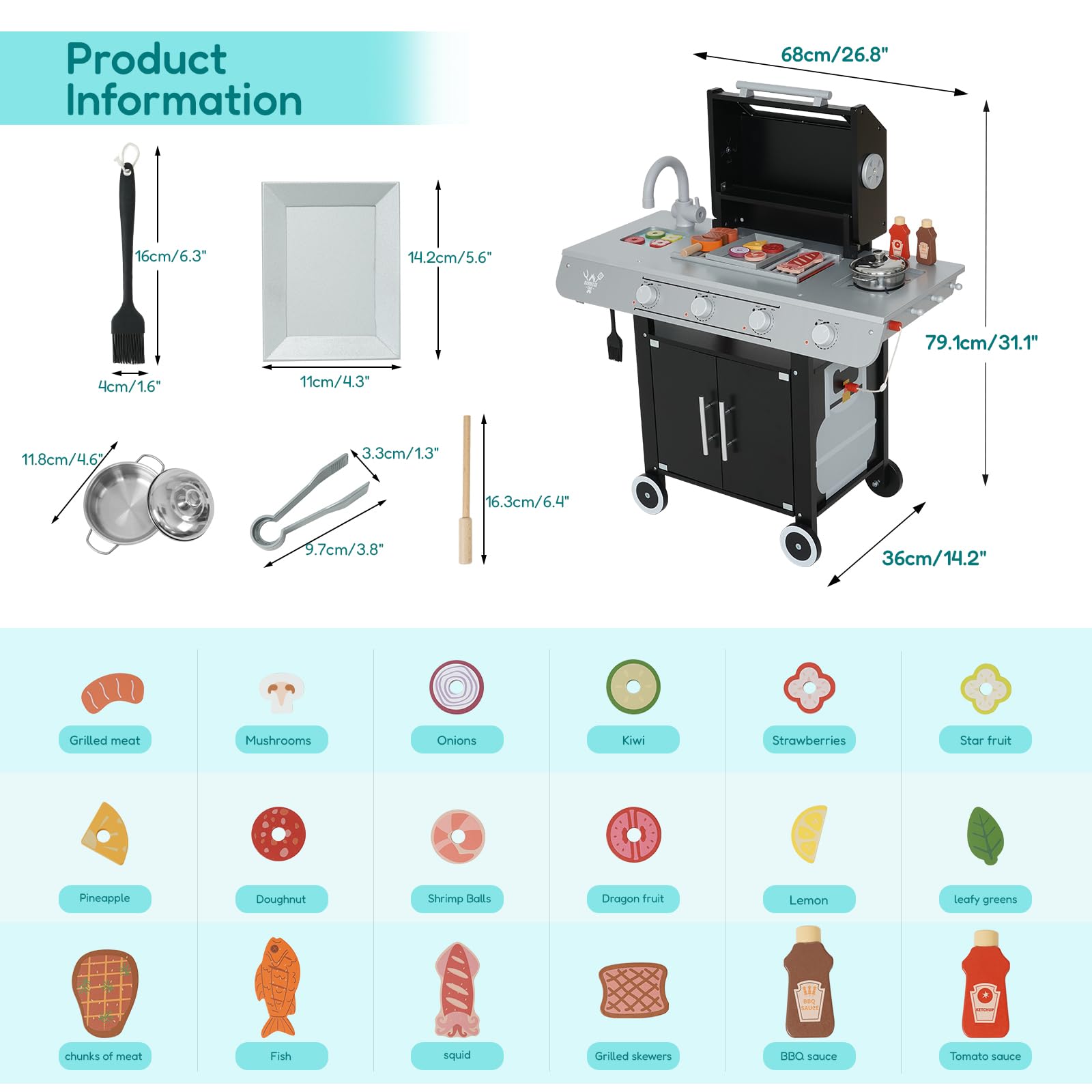 EDUBEBO Drewniany grill do zabawy, zestaw do grillowania dla dzieci z zabawkami w postaci jedzenia i narzędziami do grillowania – certyfikat FSC, akcesoria do zabawy w kuchnię dla małych dzieci w wiek