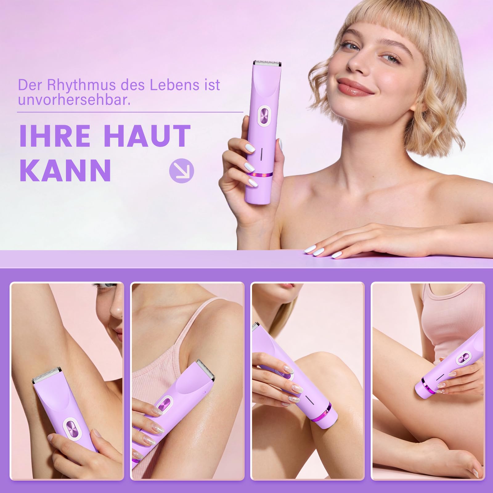Rasoio da donna, 2 in 1, a doppia testa, con ricarica USB-C, rasoio elettrico da donna, per viso, gambe e braccia, bikini con testa di trimmer, facile da pulire (viola)