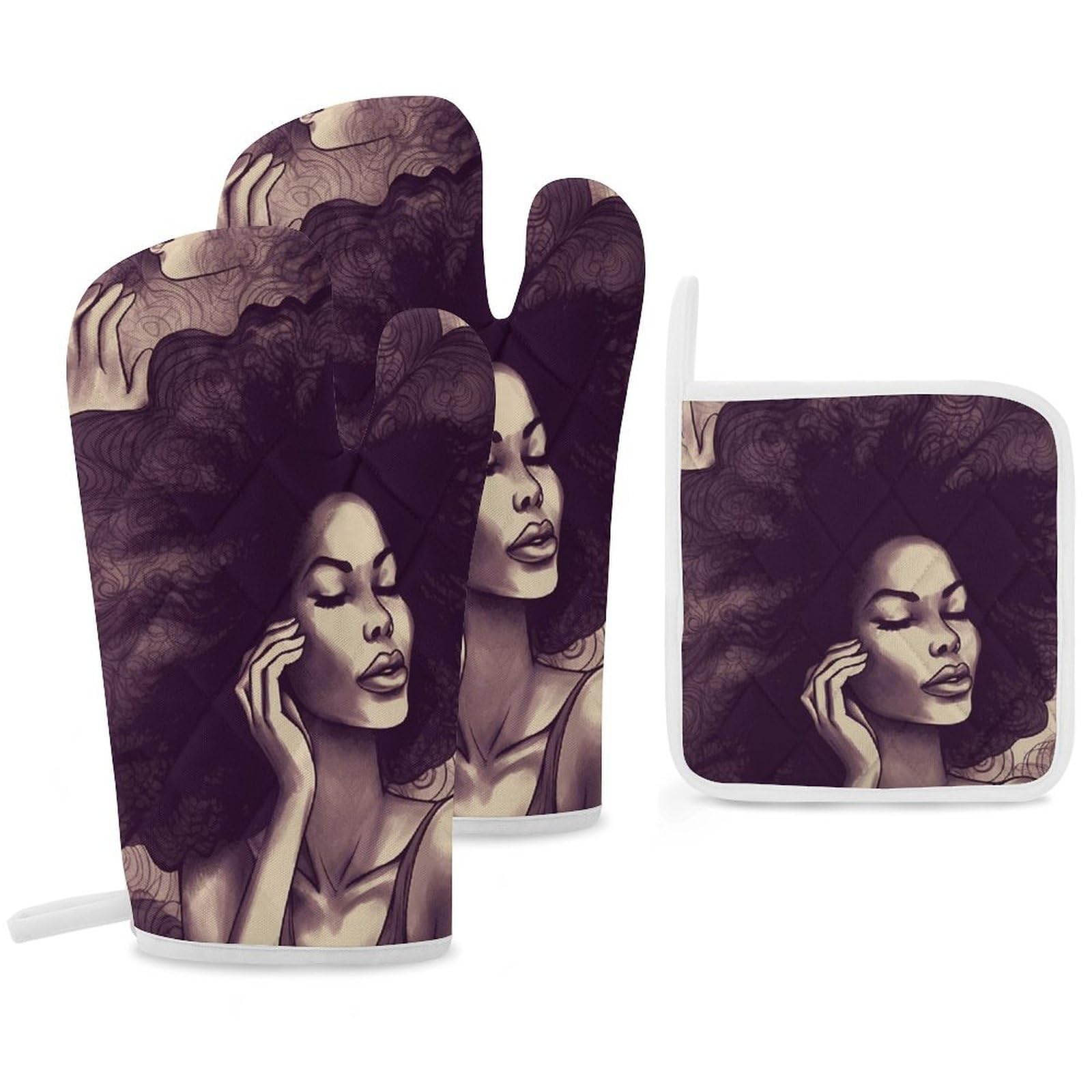 Manique anti-chaleur cuisine lot de 3 gants antidérapants motif femme noire