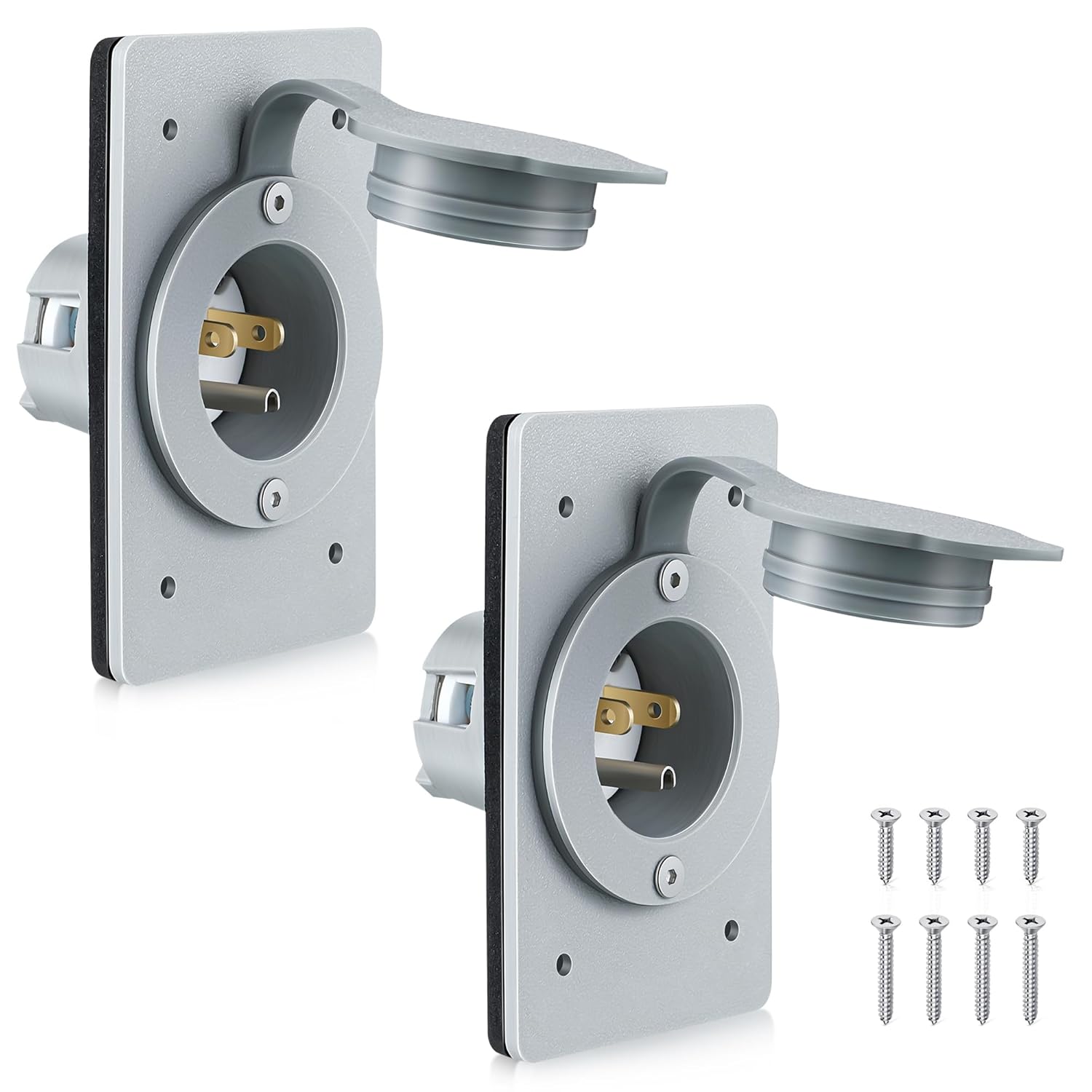 2 Pack 15AMP Straight Blade Flanged Male Power Inlet Receptacle, 15 A, 125V NEMA 5-15P Integrated Nylon Faceplate Body and Rubber Waterproof Cover Electrical Outlet for Home/car/Boat/RV Inlet (Grey)