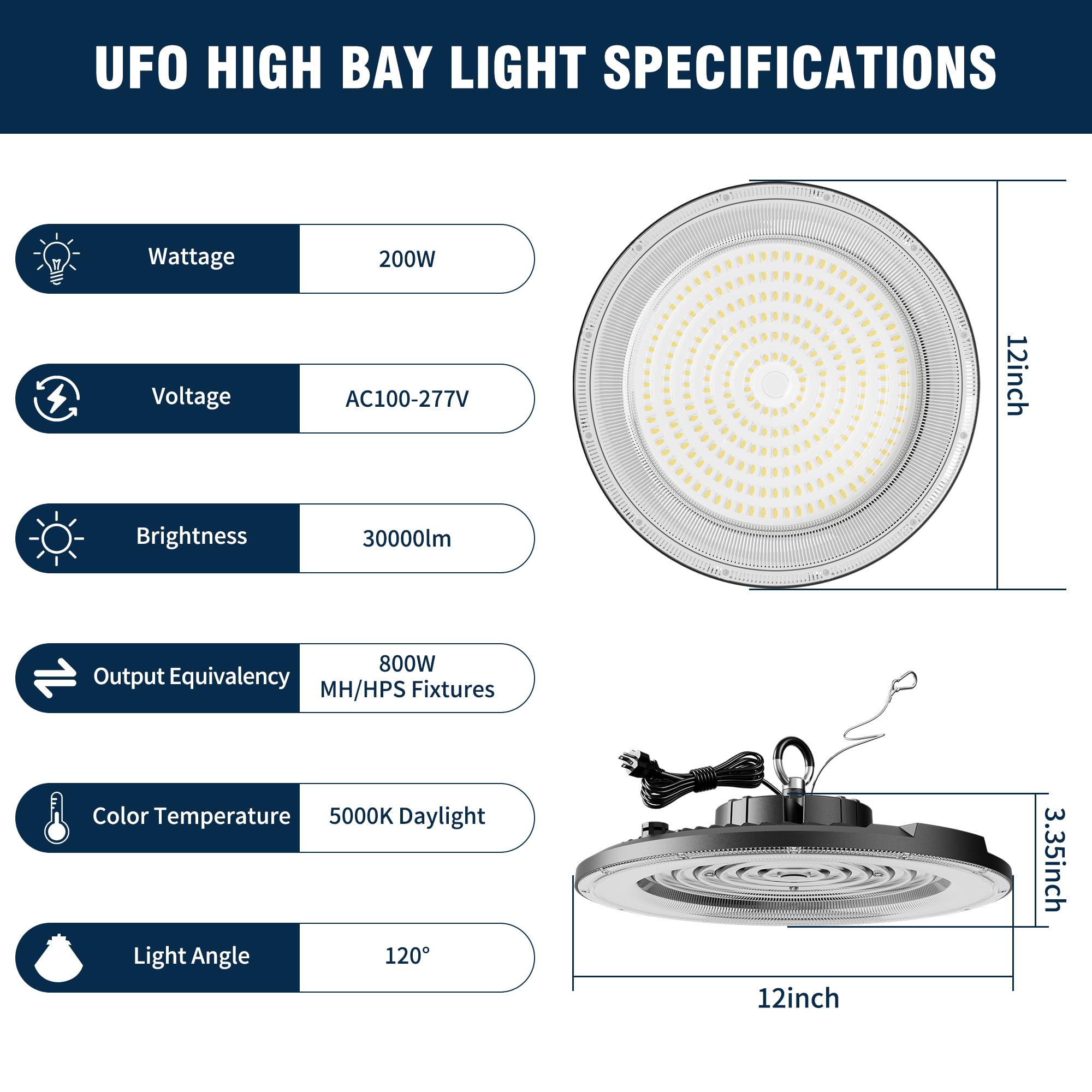 UFO LED High Bay Light 200W 30000LM 5000K AC100-277V UFO High Bay LED Shop Light with Plug Alternative — view 5