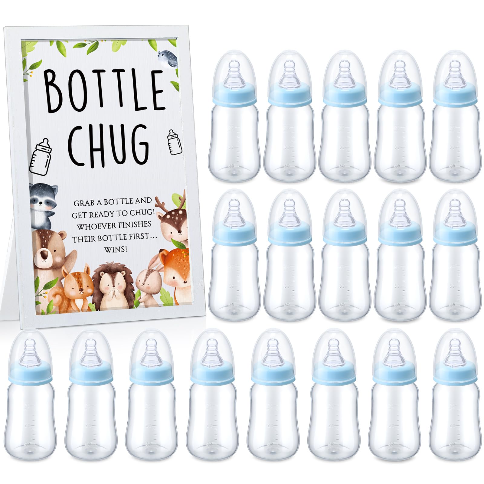 Roowest Bottle Chug Baby Shower Games Favors Including 18 Pcs Bottles with 1 Bottle Chug Wooden Sign for Gender Reveal Baby Shower Party Supplies(Blue