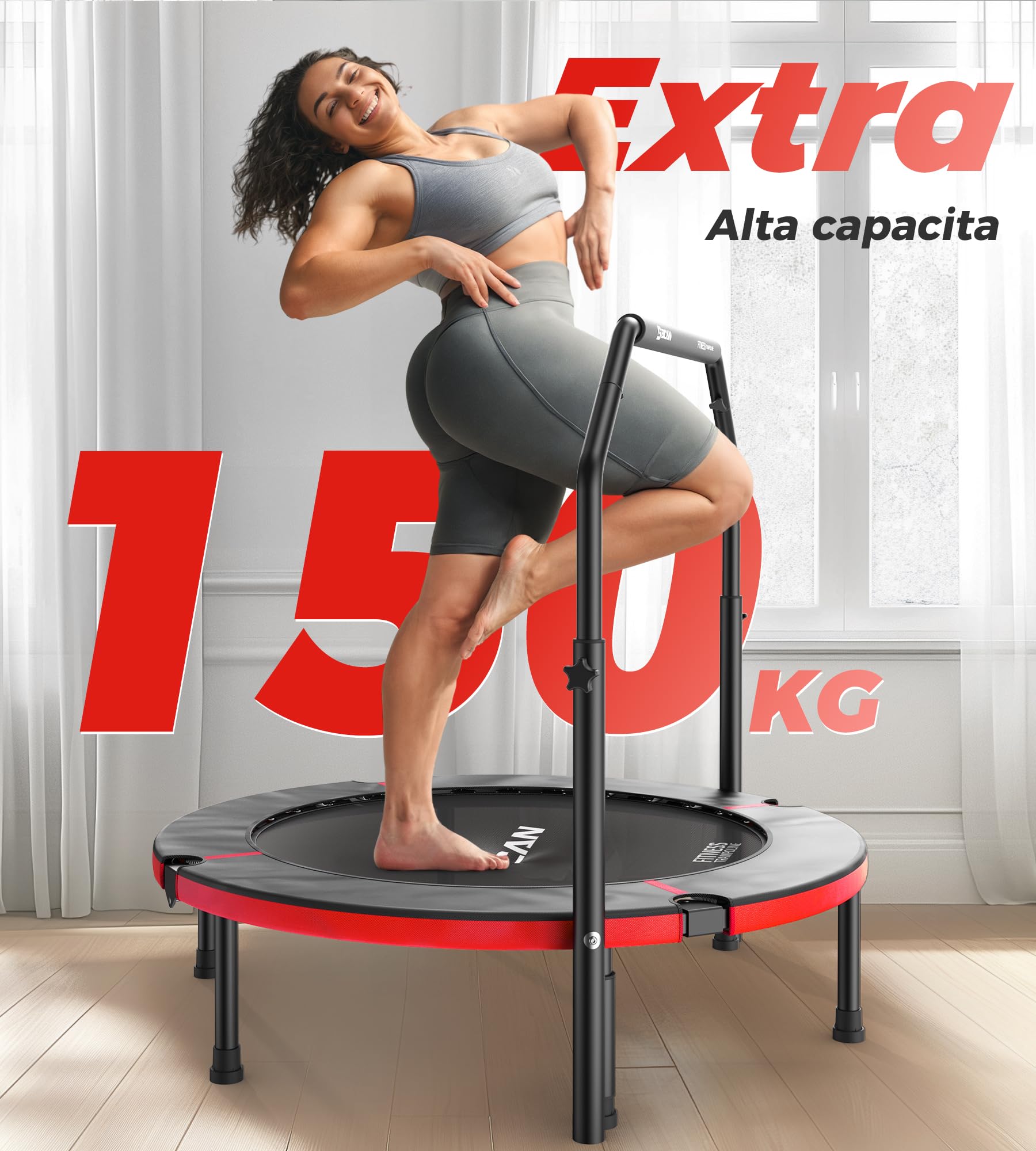 Trampolino da interno BCAN, mini trampolino fitness pieghevole da 102 cm, per adulti con maniglia regolabile, carico massimo 150 kg, ideale per l'allenamento a casa e l'allenamento fisico