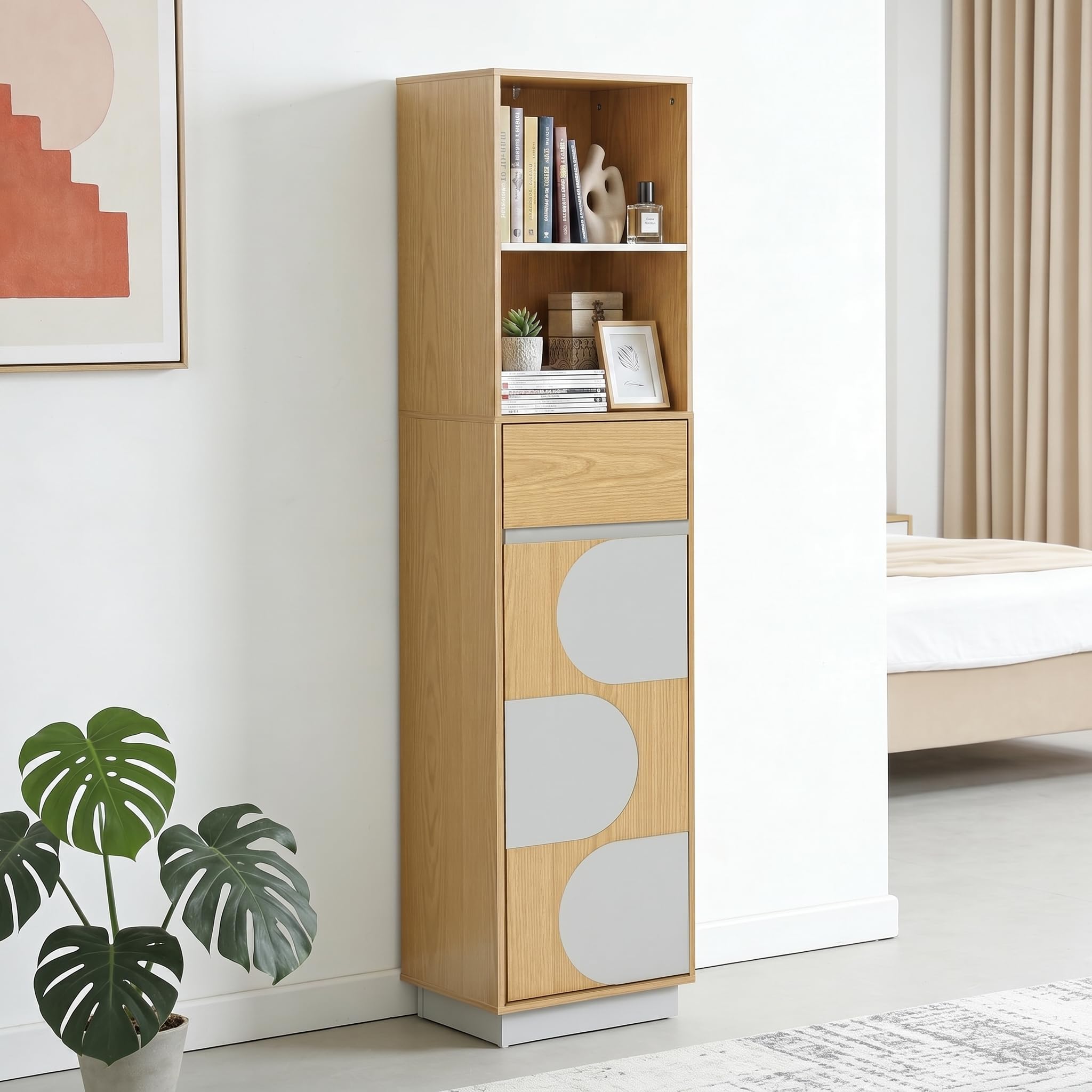 Hometopia Badezimmer Hochschrank Holz, 166 cm schmal mit Tür | 30x40 cm Grundfläche, 1 Schublade, verstellbare Böden unten, für kleine Bäder, freistehend, Eichenoptik, pflegeleicht