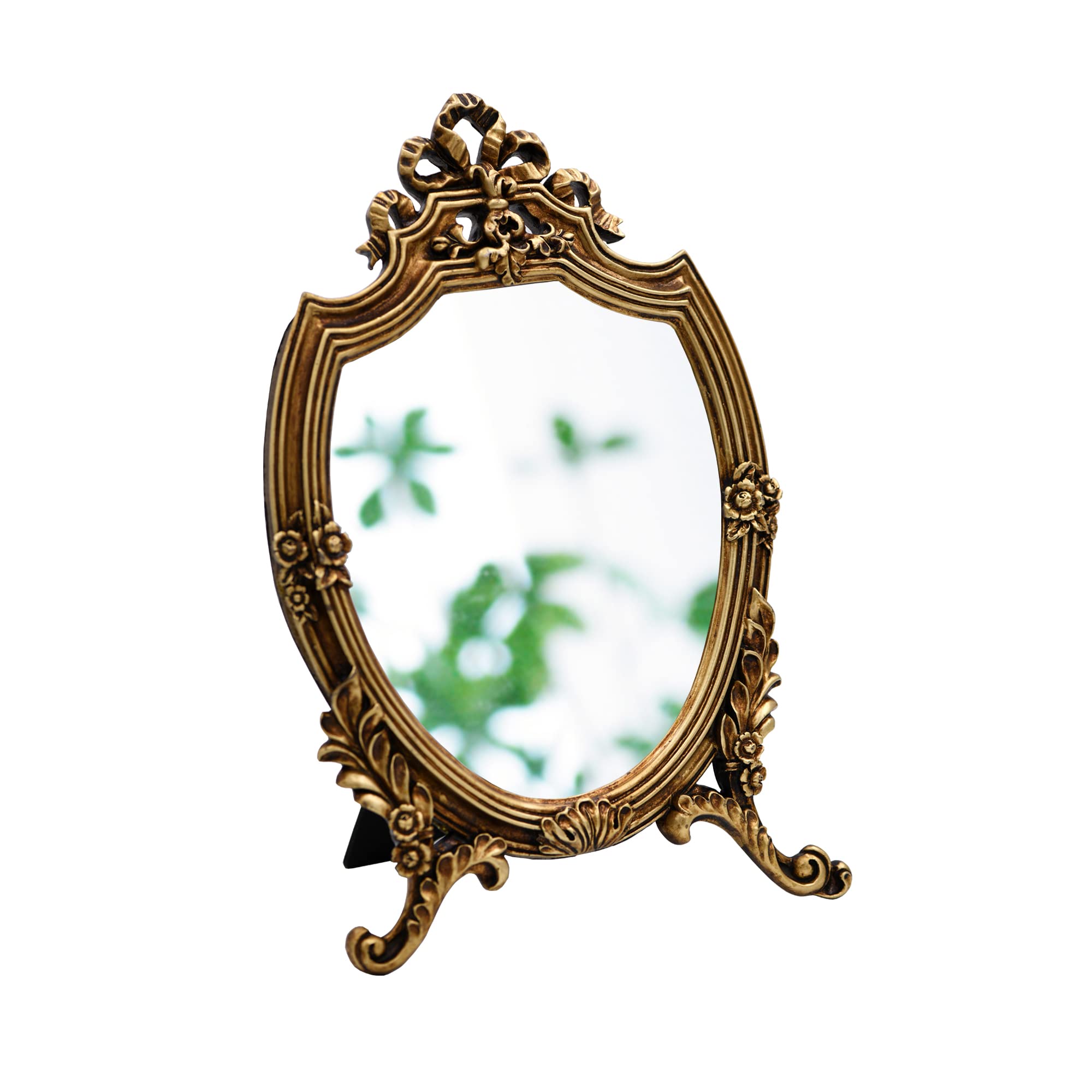 Eaoundm Resin Frame Decorative Wall Mirror Makeup Mirror Tabletop Mirrors, for Bedroom Living-Room Dresser Decor 8.2W x 13 L inchs (Vintage Gold)