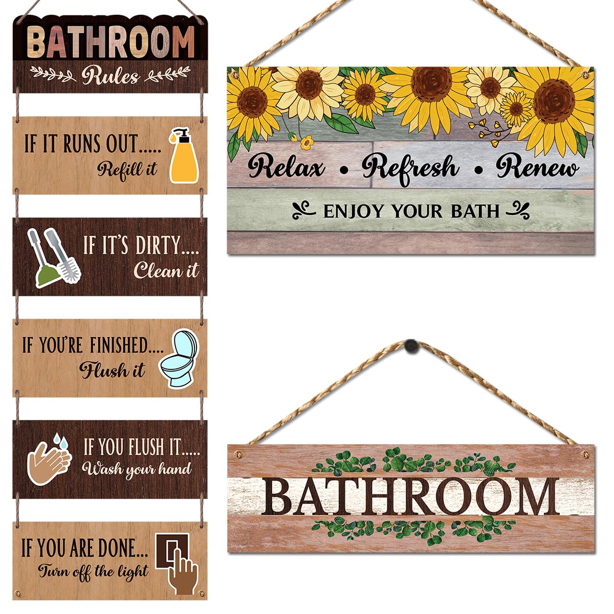 Chaka Chaundh Bathroom Wall Plaque - Set of 3 Vintage Wood Framed Posters With Quotes, Etiquette and Rules