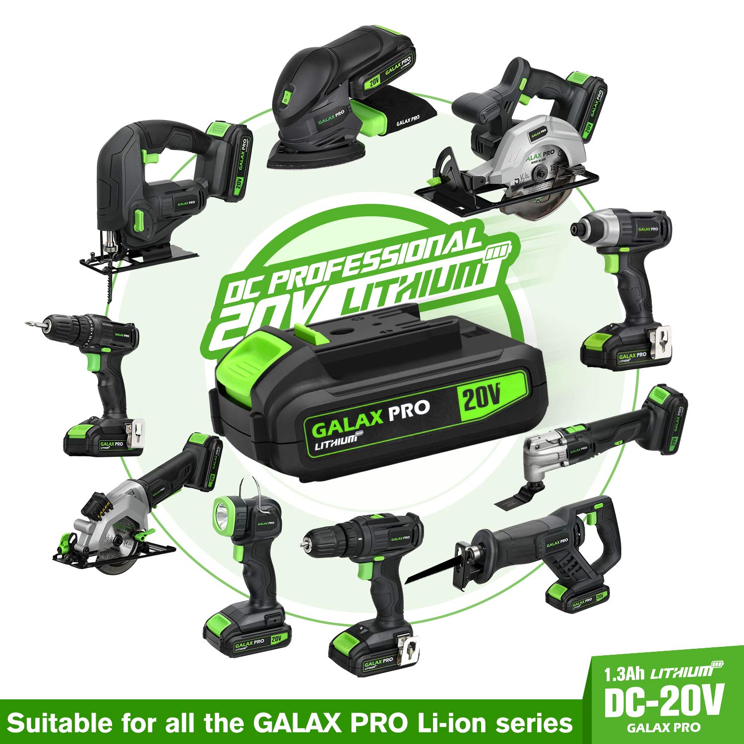 GALAX PRO Stichsäge und Akku-Bohrmaschine, 3-Stufigen Pendelhubs, Hubhöhe 22mm, 19+1 Drehmomenteinstellung und Variable Drehzahlen, LED-Arbeitsleuchte mit 1.3Ah Akku und Ladegerät