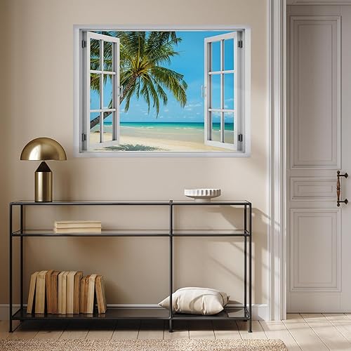 Miniatura 4 de wall26 Adhesivo removible de paredmural de pared, vista de ventana, playa tropical, palmera, isla, paraíso, naturaleza, desierto, fotografía,