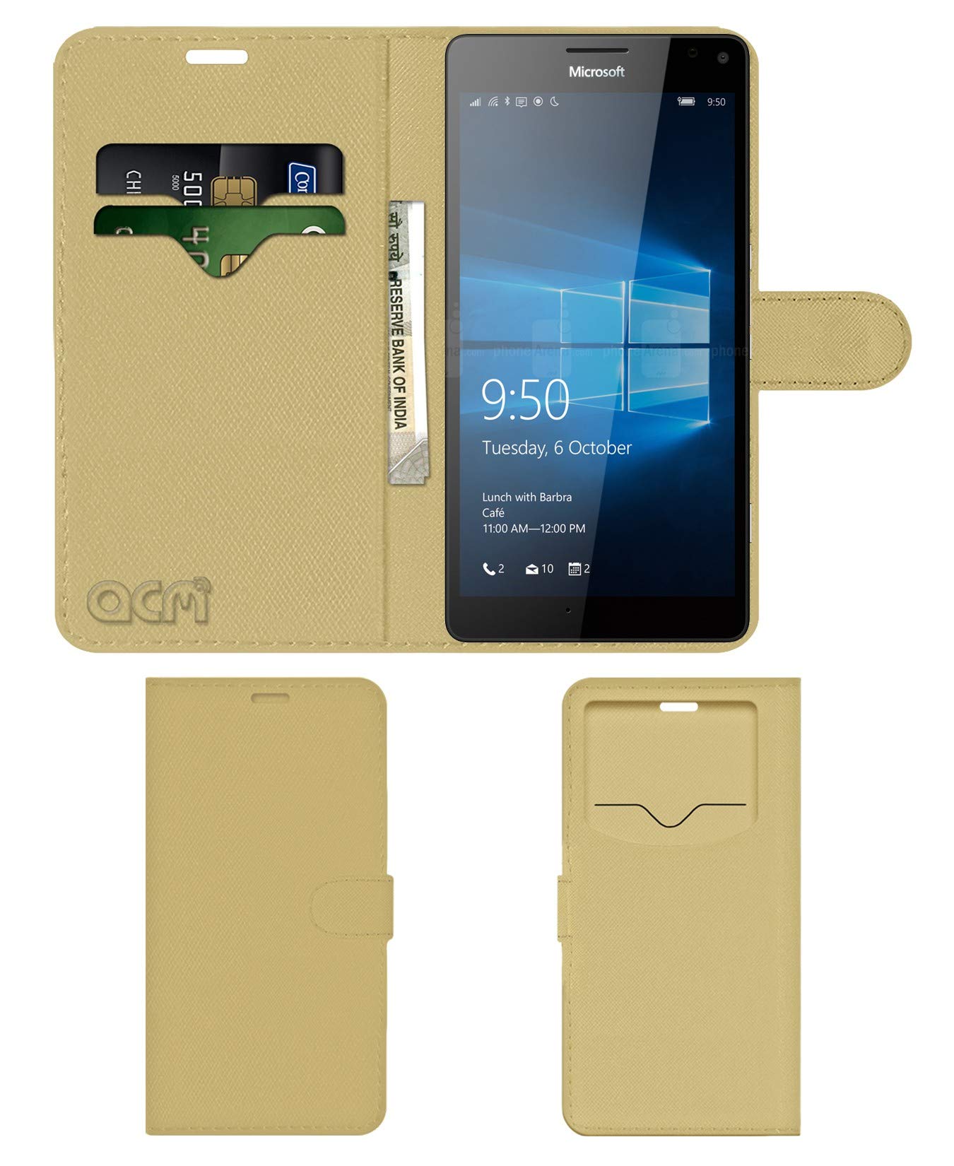 ACM Leather Window Flip Wallet Front & Back Case Compatible with Microsoft Lumia 950 XL Mobile Cover Golden