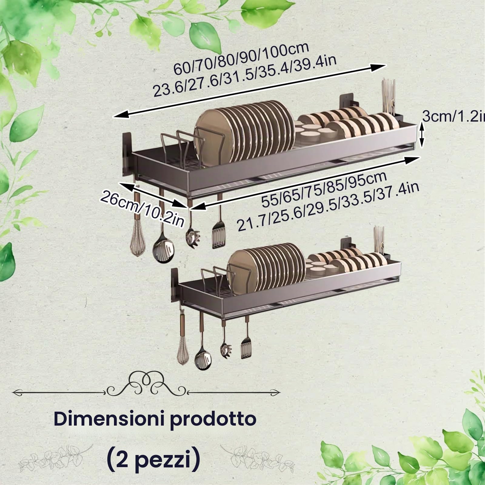 Ampio scolapiatti da posizionare sopra il lavello, salvaspazio, da fissare alla parete della cucina, versatile scaffale portaoggetti per cucina e sala da pranzo(2 pc,60cm/23.6in)