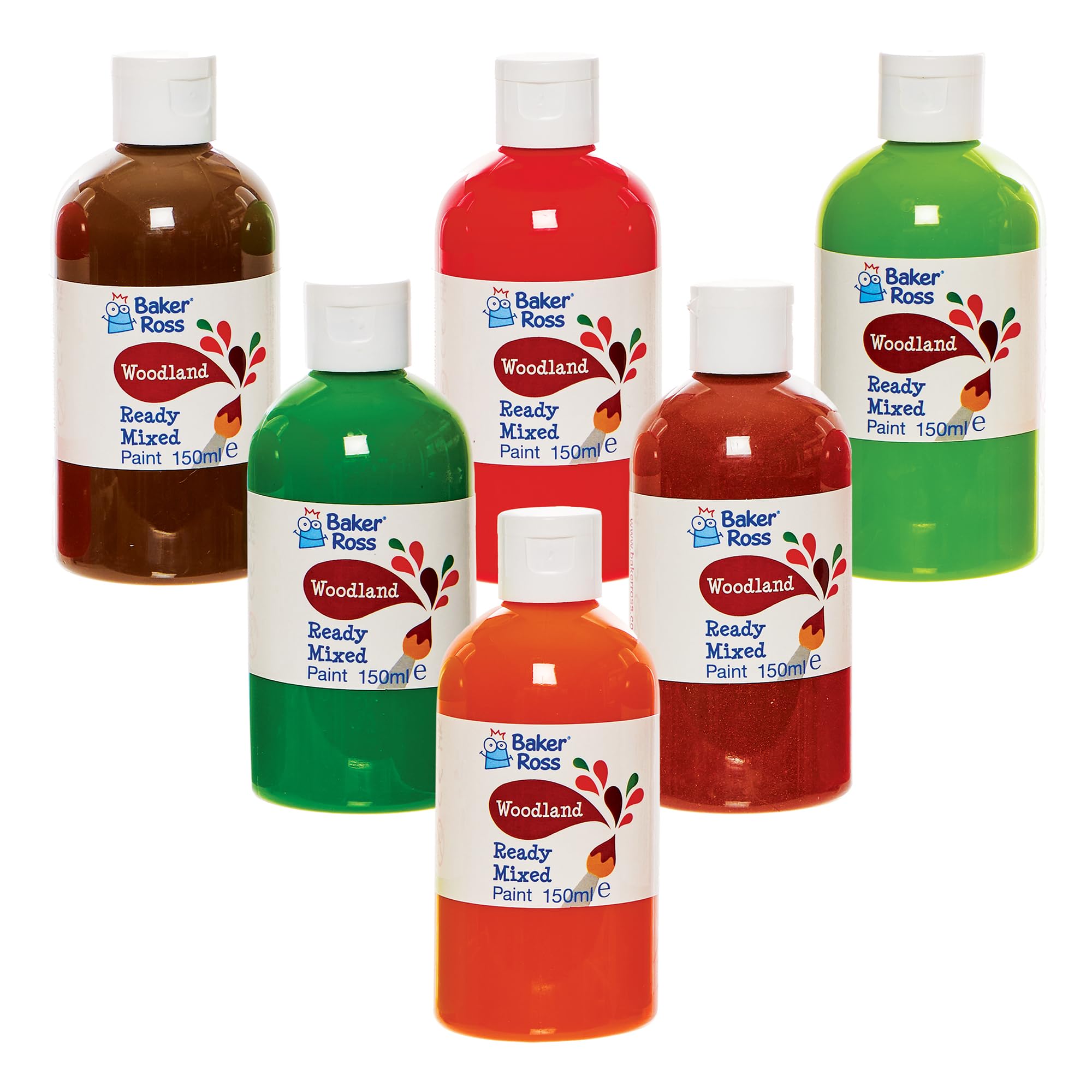 Baker Ross FN243 Woodland Ready Mixed Poster Paint Pack 150ml - Box of 6, Paint Value Pack of Bottles, Paint for Kids