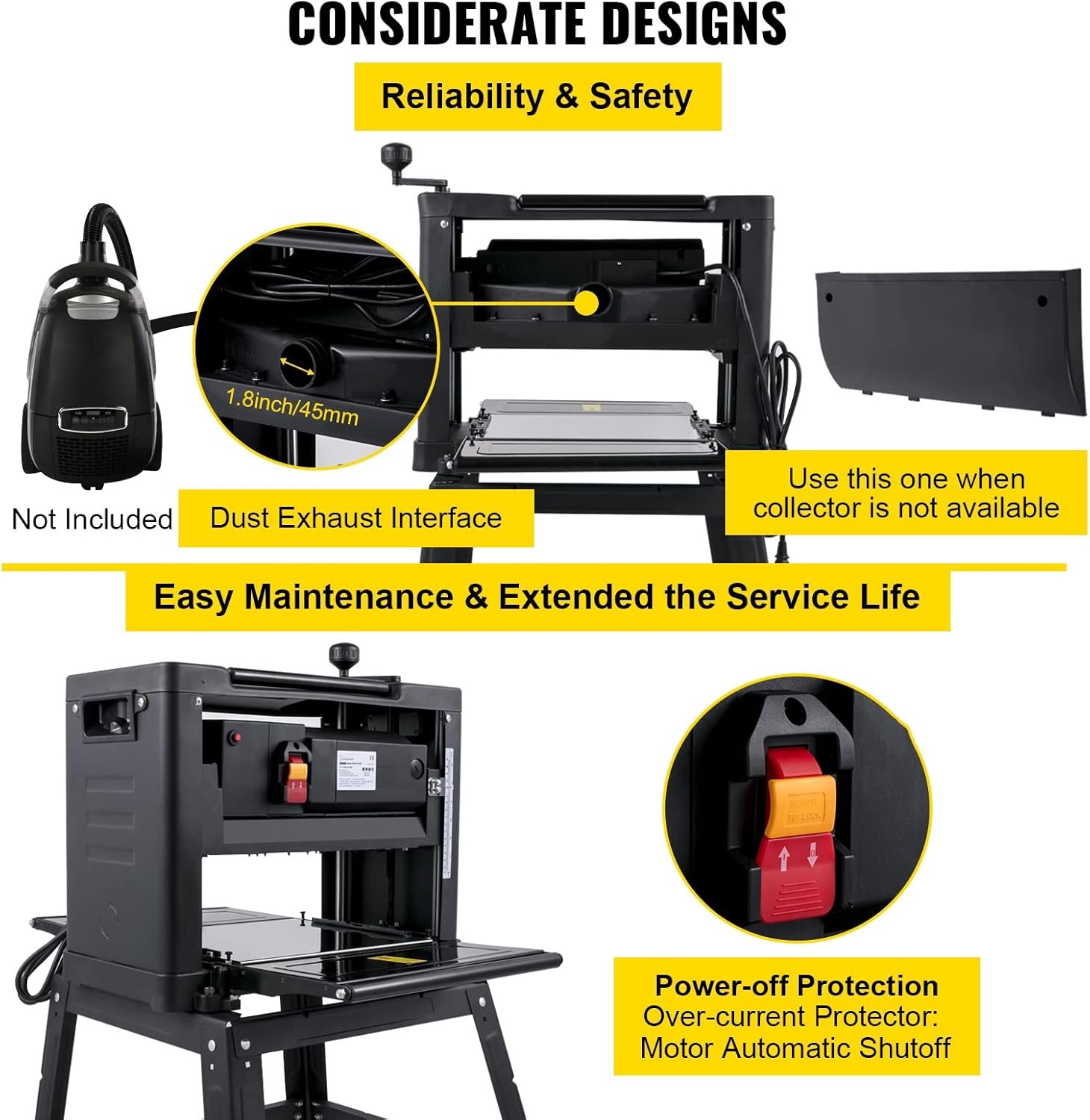 Electric Planer, 12/12.5/13 inch Thicknesser Wood Planer with Stand and Dust Exhaust for Woodworking Power Tool 1800W 8000RPM MINGPING (Color : 12.5 inch - B)