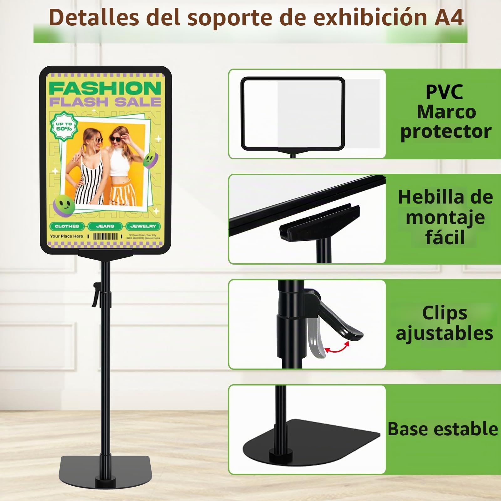 Paquete de 2 soportes ajustables para carteles A4, soporte reutilizable para letreros publicitarios de menús de negocios, soporte de exhibición para vista vertical y horizontal, negro
