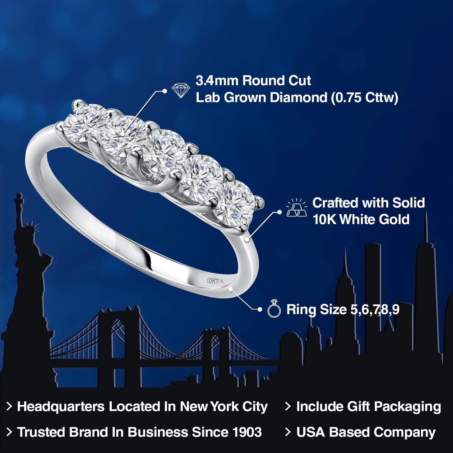 Gem Stone King 10K White Gold White Lab Grown Diamond 5 Stone Wedding Band Ring | 0.75 Cttw | Round 3.4MM | Wedding Engagement Anniversary Promise Ring For Women | E-F Color | VVS-VS - Image 2