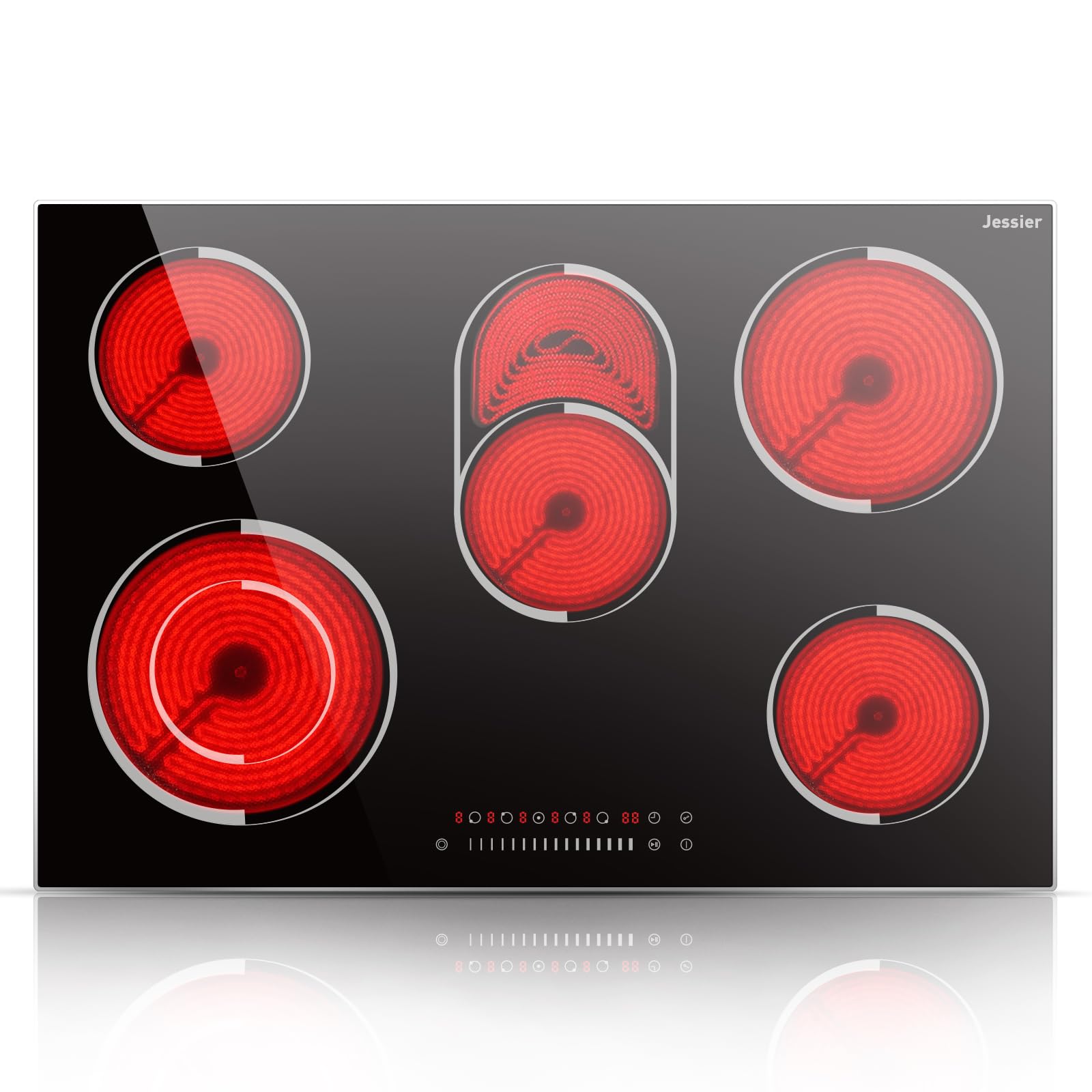 Placa Vitroceramic 5 Fuegos 8400W, Jessier Vitroceramica Induccion con Doble Zona de Barbacoa Ovalada, Placa Electrica Cocina 9 Niveles de Potencia, Función Pausa, Temporizador, Bloqueo de Seguridad
