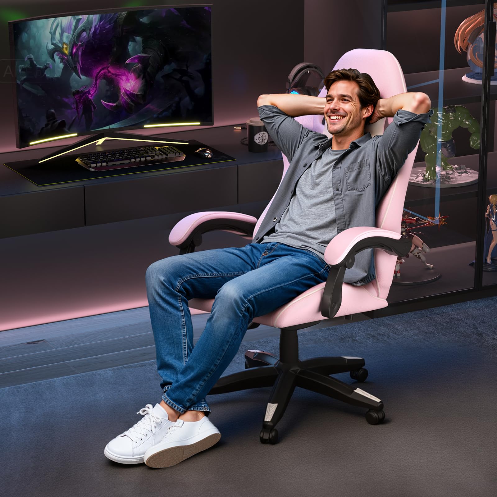 bigzzia Silla Gaming,Silla Ergonómica de Oficina en Cuero PU,Regulable en Altura con Soporte Lumbar y Reposacabezas,Respaldo Reclinable 155°,Silla Gamer Adulto Niño(Rosado)
