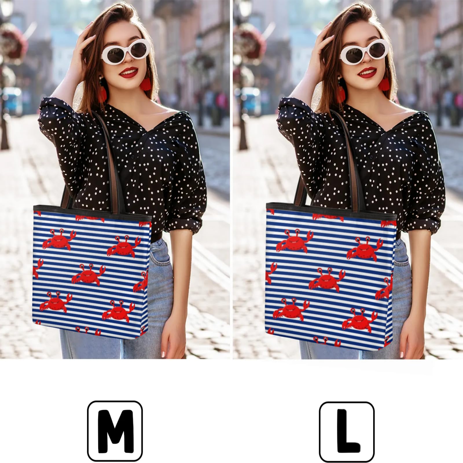 Striped Cartoon Crabs Tote Bag Multi Pocket Zippered Beach Bag Lightweight Waterproof Handbag for Women Men Work Gym Travel Swimming Yoga Grocery Shopping M