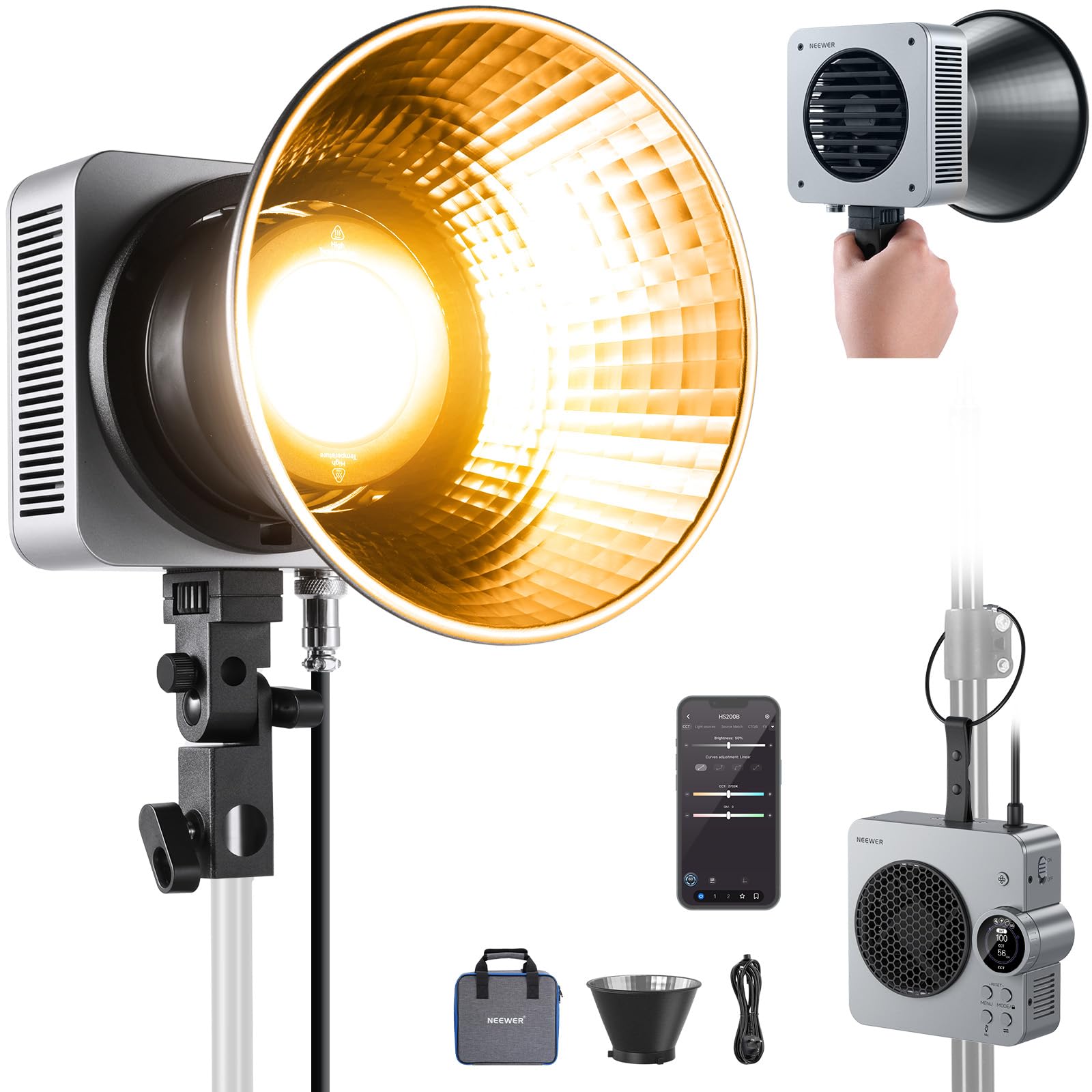 NEEWER HS200B Portable LED Video Light APP/2.4G/DMX Control, 280W 84400lx/1m Bi Color 2700-6500K CRI95+ COB Continuous Output Key Lighting Bowens Spotlight for Recording Streaming Studio Photography