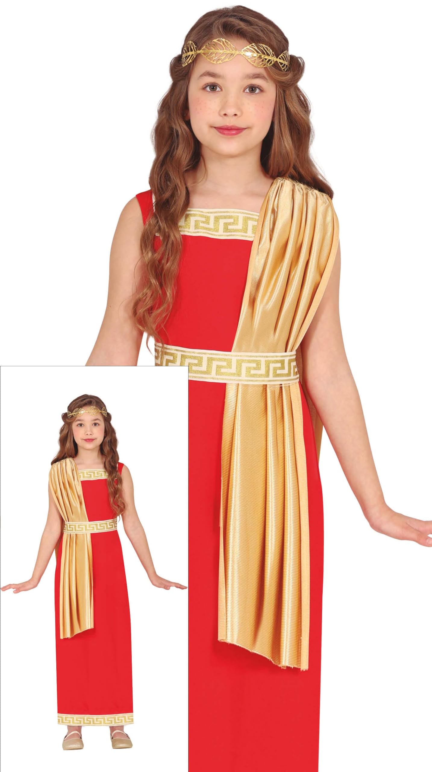 FIESTAS GUIRCA Roman Goddess Girls Fancy Dress Costume - Red & Gold Roman Toga - Greek Goddess Kids Fancy Dress Costumes Girls - Girls Age 5-6 Years
