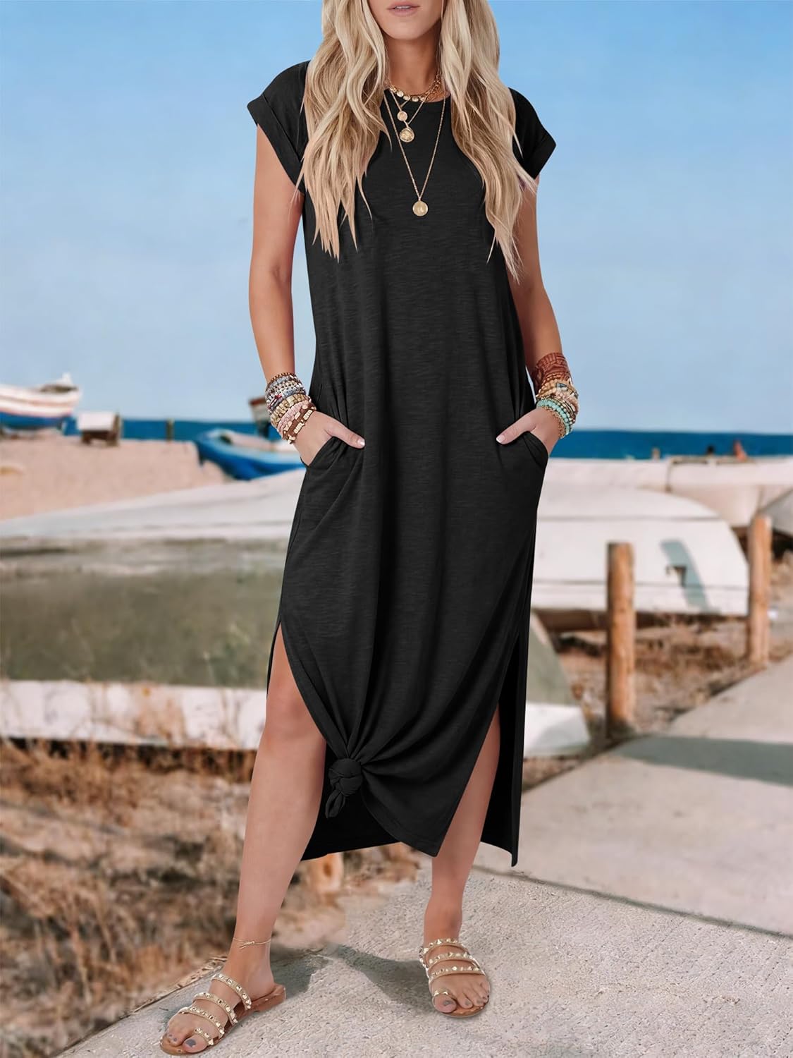 ANRABESS Women Summer Maxi Dress 2026 Casual Loose Cap Sleeve Crewneck Split Beach Vacation Long Sundress with Pockets - Image 5