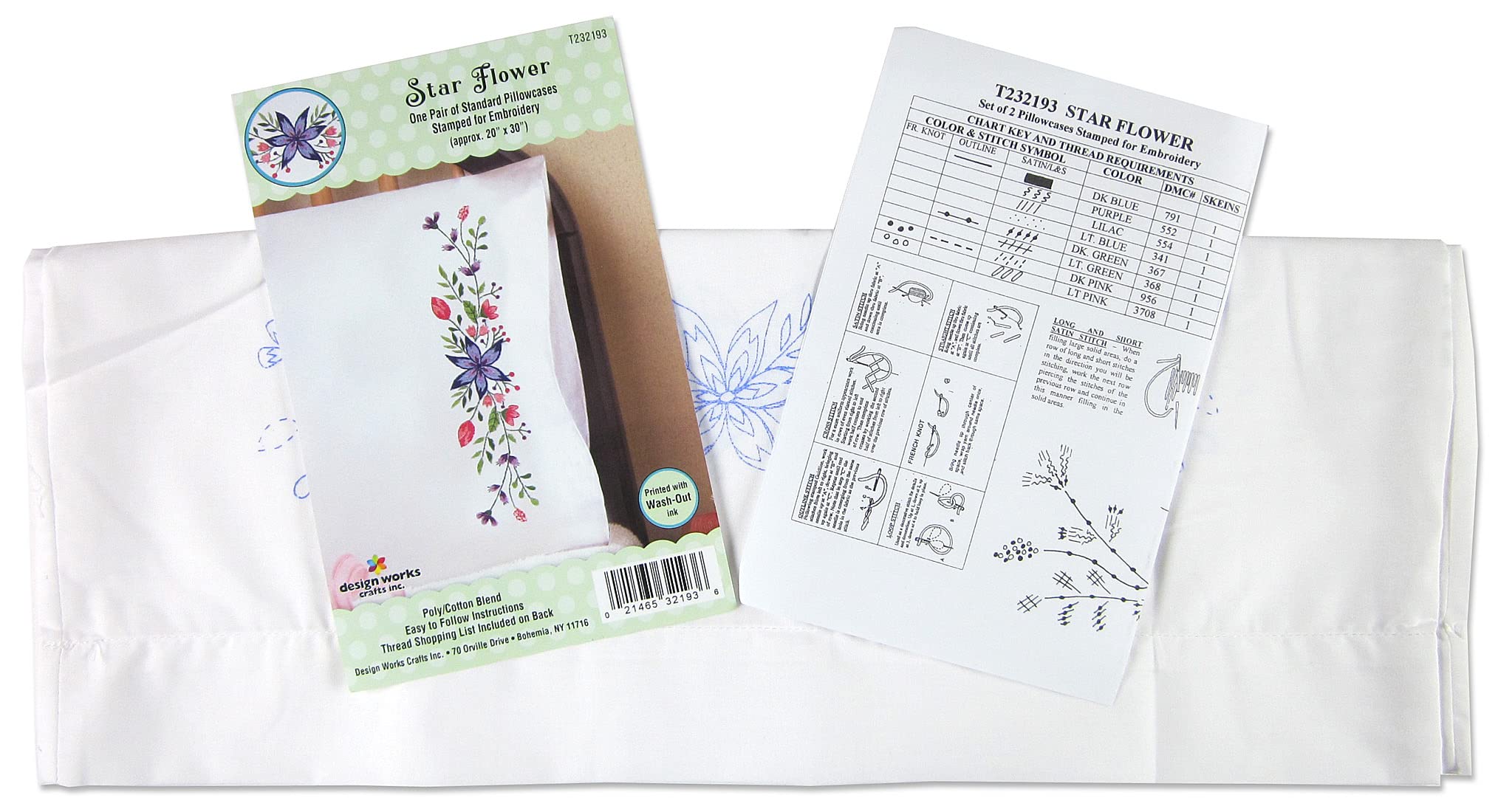 Design Works Crafts Flores de estrella estampadas para fundas de almohada bordadas, color blanco 3