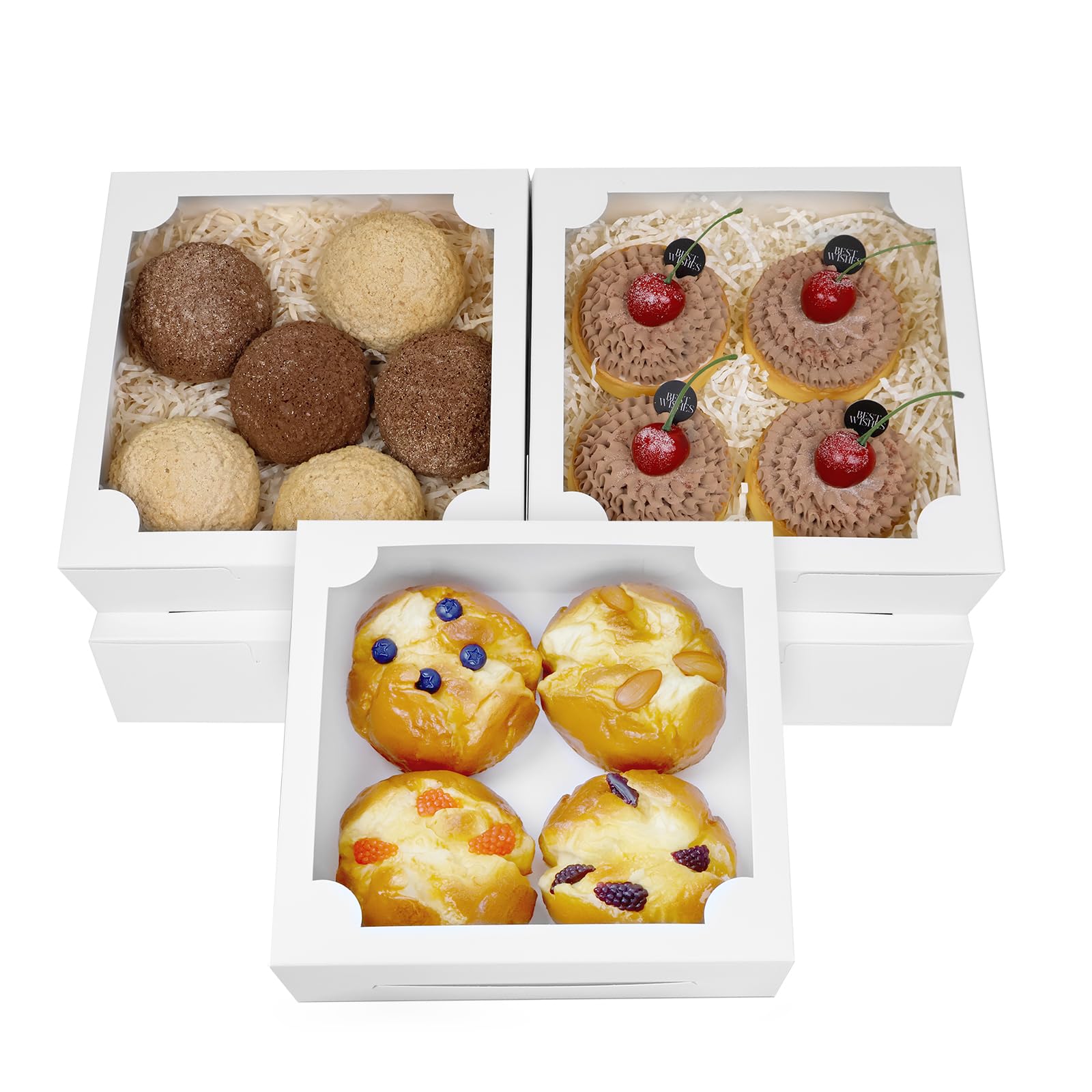 QULIT 50 cajas de panadería blancas de 8 x 8 x 2.5 pulgadas con ventana, cajas de pastelería, cajas de postre para galletas, macarrón, dona, magdalenas de chocolate, fresa y cupcakes