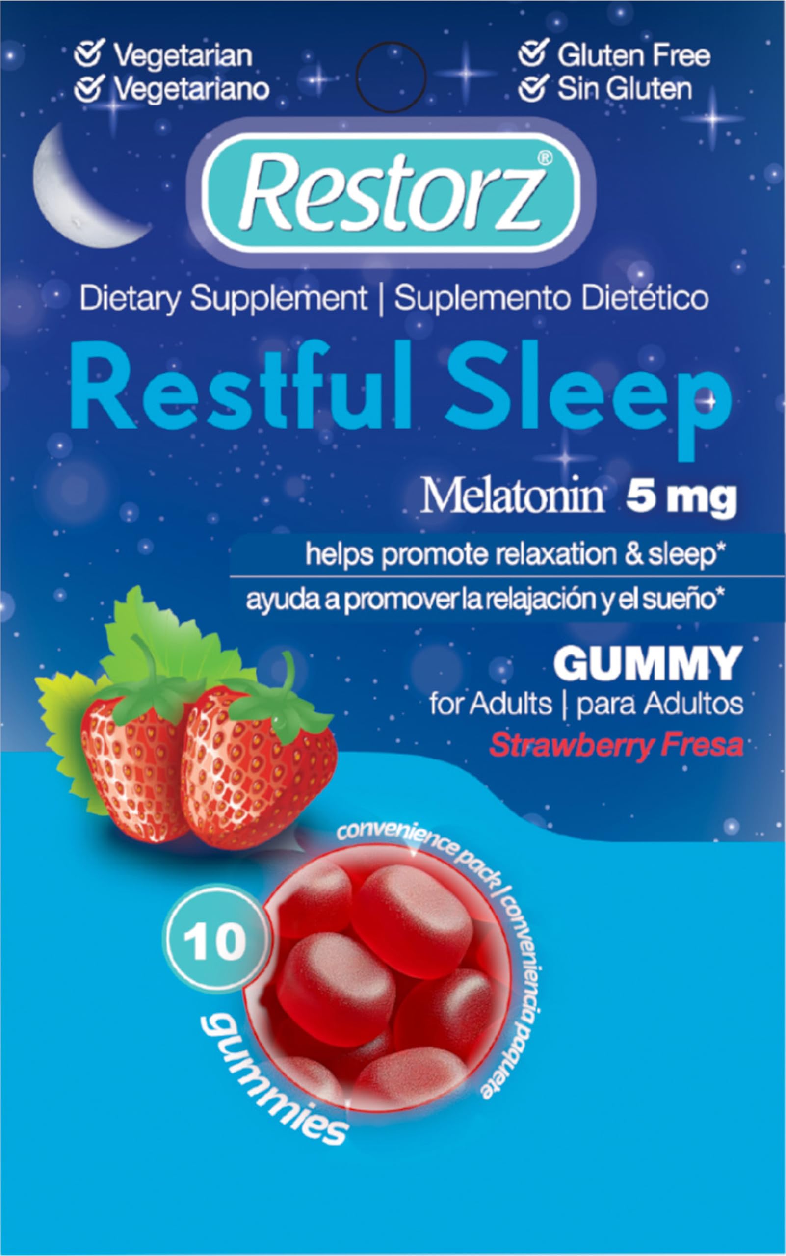 Restorz Restful Sleep Melatonin Gummies 5mg, 5mg Melatonin Gummy Supplement to Support a Healthy Sleep Cycle, Strawberry Flavor (2 Month Supply of 120 Gummies - 12 Packs, 10 per Pouch)
