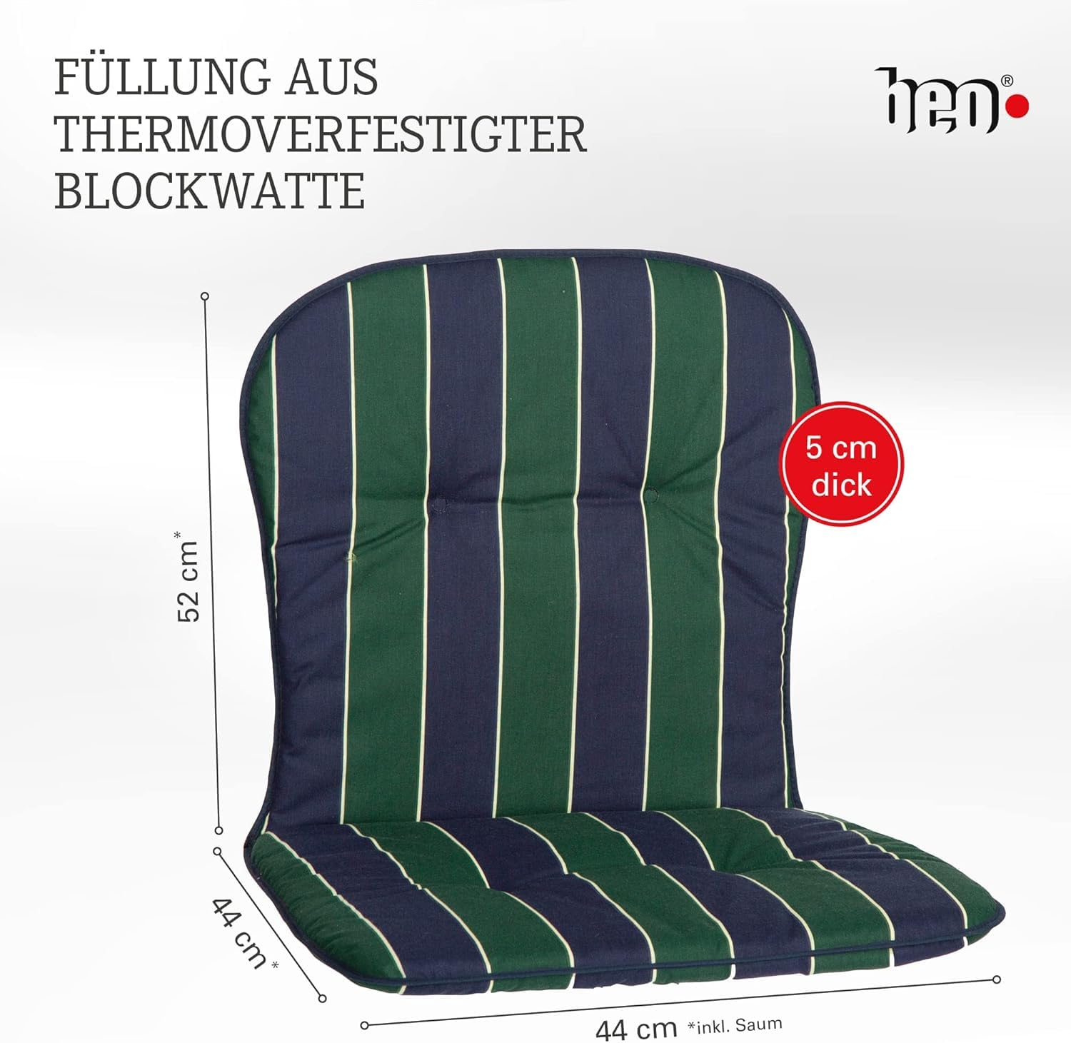 Beo Gartenstuhl-Auflagen Kos Niedriglehner 80x44 cm, 6er Set | Waschbare, UV-beständige Sitz-Kissen | Atmungsaktive Polster-Auflagen nach Öko-Tex Standard | Blau-Grün gestreift | Made in EU