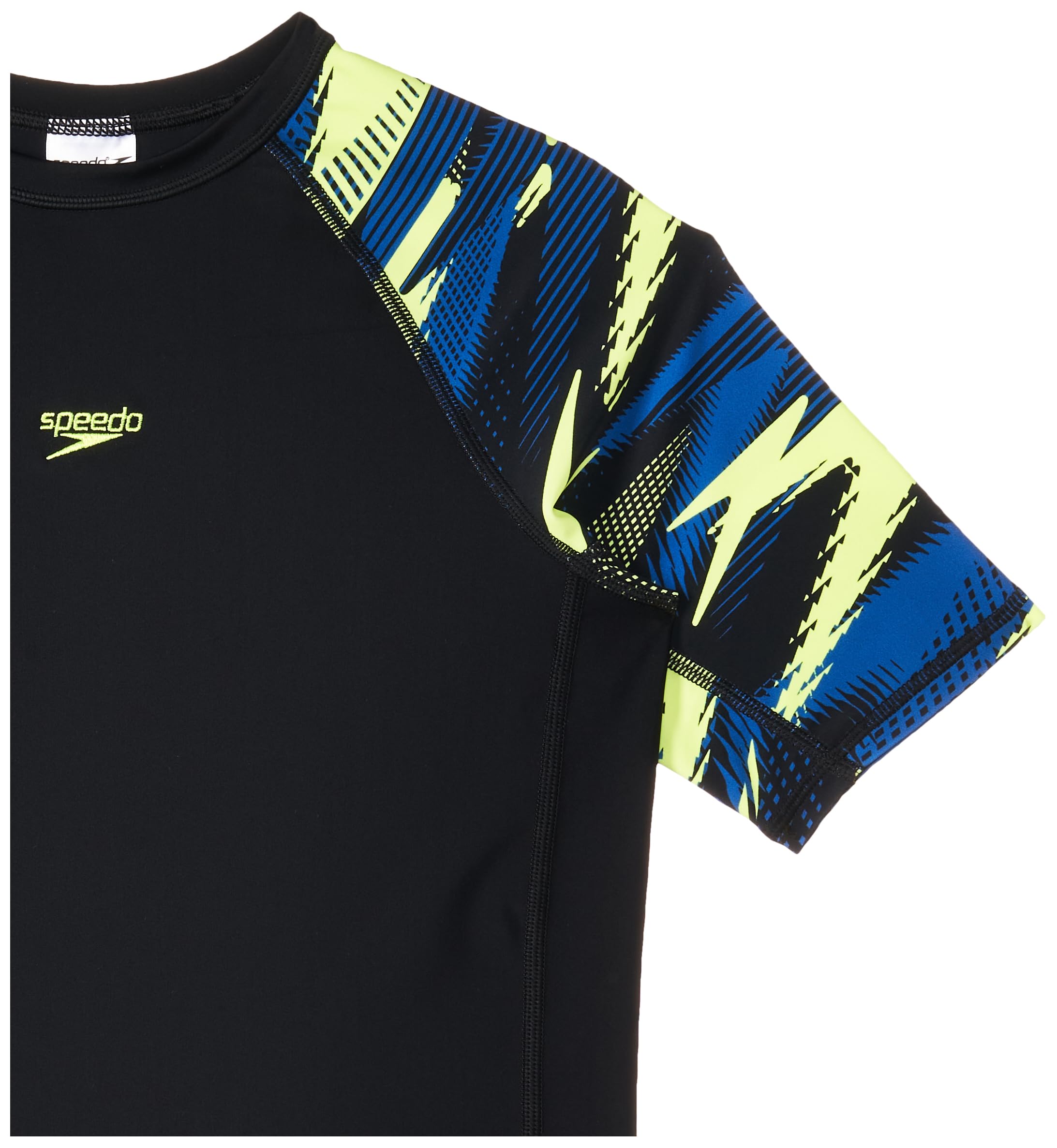 Speedo Boy's Endurance10 Hyperboom Print Short Sleeve Suntop - Black, Turkish Sea & Hyper Yellow 1