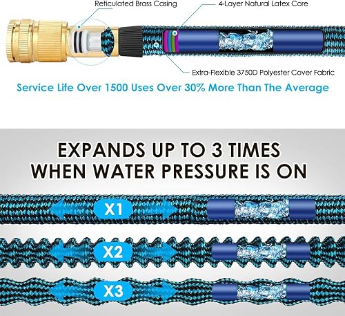 Tuyau d'arrosage extensible de 45 m ou 60 m, tuyau d'arrosage flexible avec tissu extra résistant, avec buse de pulvérisation à 10 motifs, tuyau extensible léger et étanche pour arroser et laver (45 m - 4