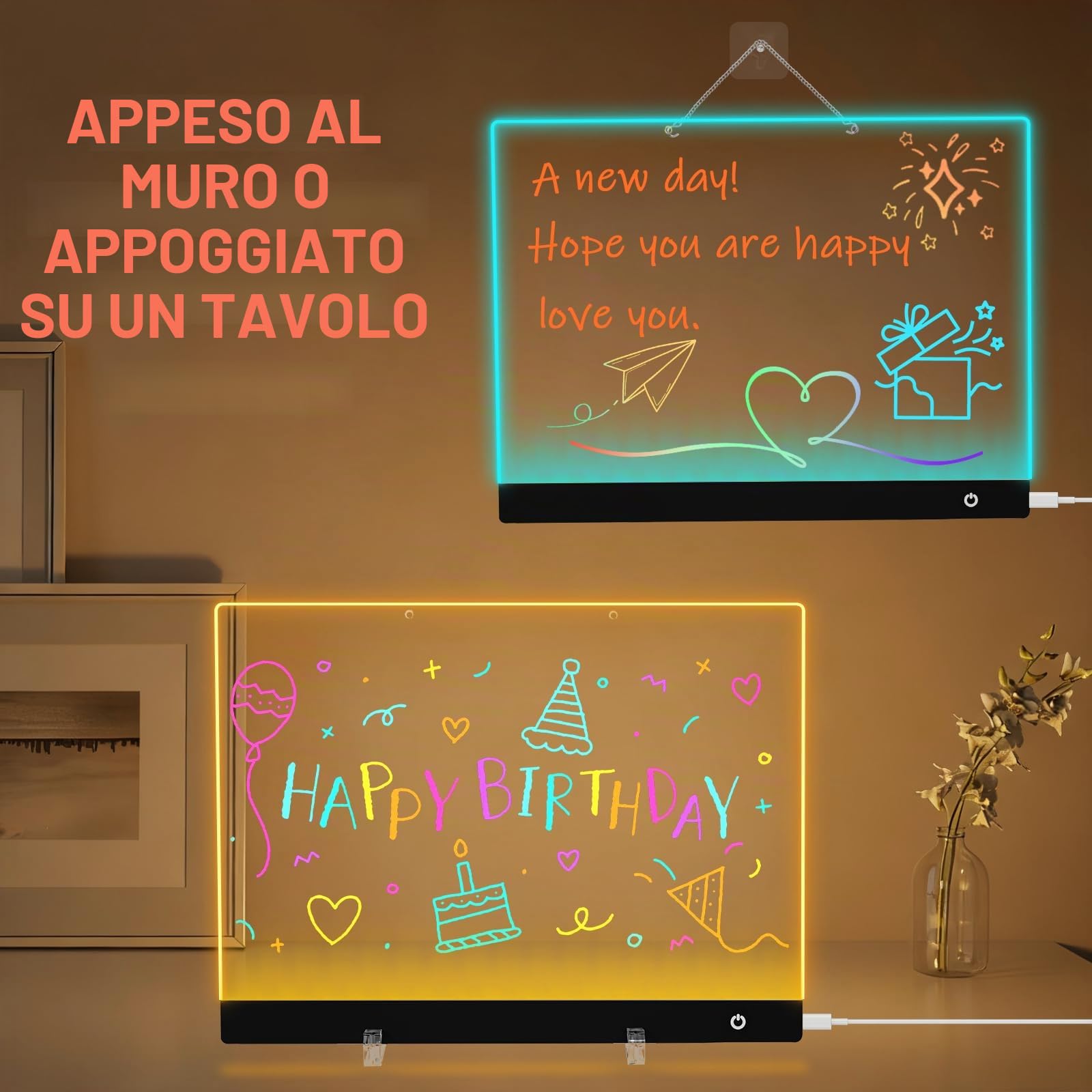 Lavagnetta in Acrilico con Luci LED, 35x25cm Lavagna Promemoria LED, 5 Modalità e 6 Colori Lavagna Luminosa per Disegnare, Tavoletta Grafica Bambini con Penna a 7 Colori, Catena, Supporto