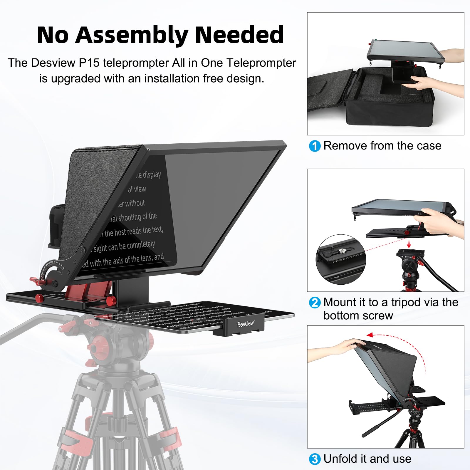Desview P15 Teleprompter - Prompter professionale da 15 pollici, con vetro HD e specchio regolabile, compatibile con fotocamere DSLR, smartphone, tablet, per registrazione video, streaming live