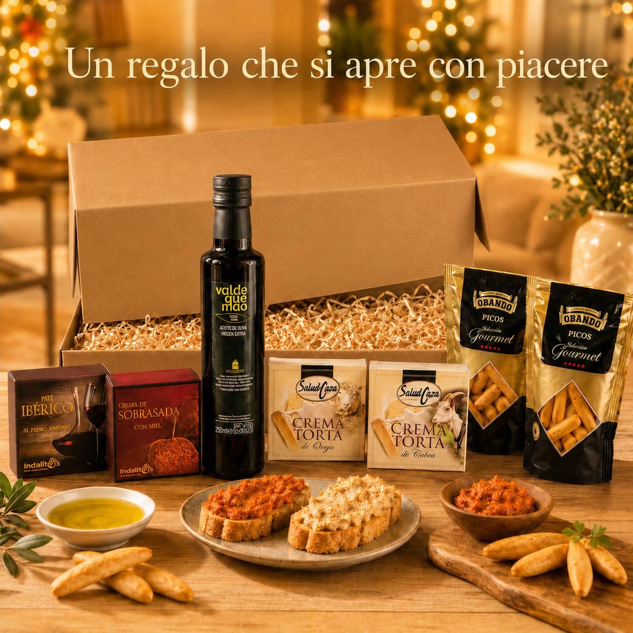 Cesto Gourmet Spagnolo · Salumi e Formaggi Iberico con Vino Tinto 75 cl, AOVE 250 ml, Jamón, Chorizo e Salchichón · Idea Regalo Natale, Pasqua, Compleanno, Aziendale (Mini EVOO, Cesto)