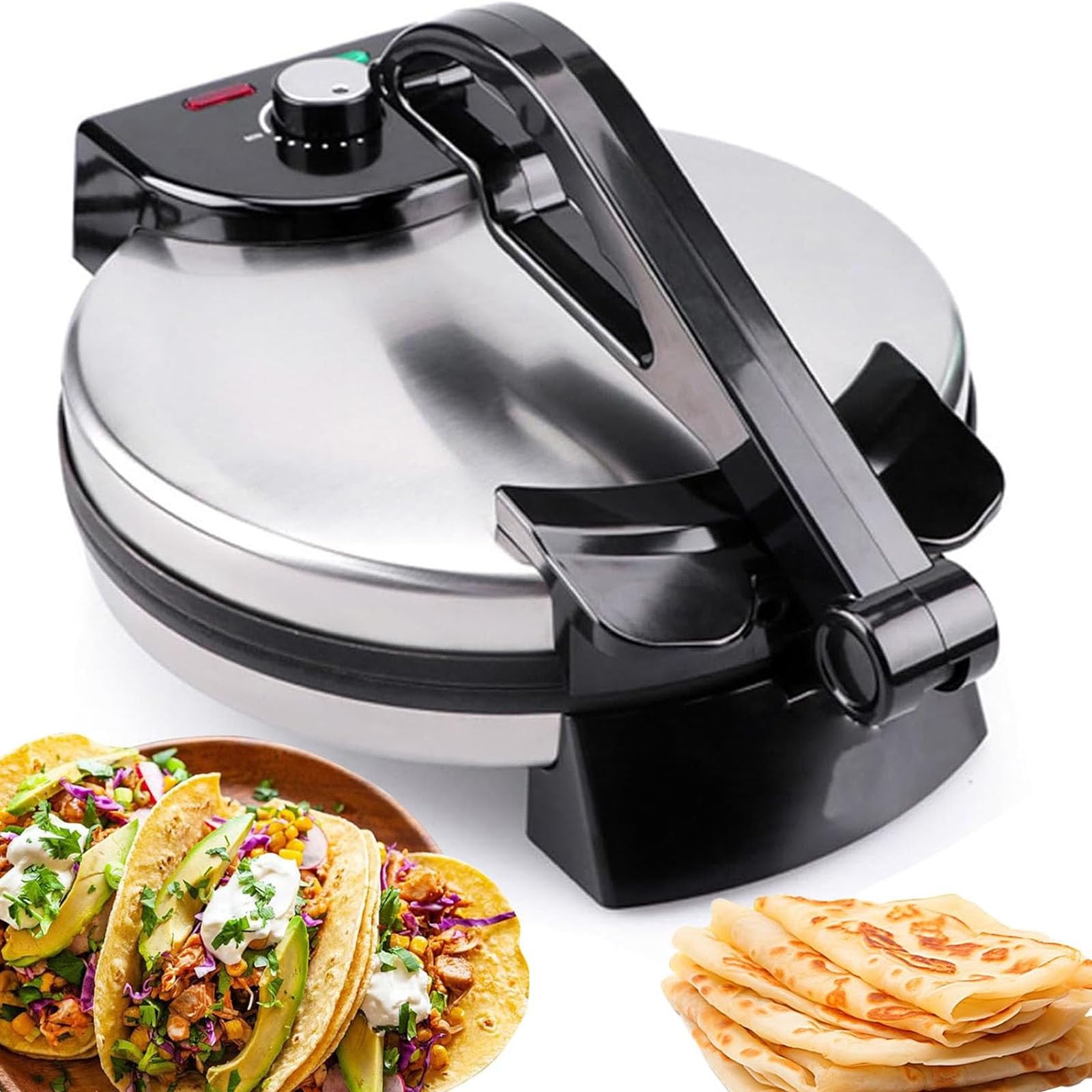 Maker De Roti Elektrische Tortilla-Maschine mit 2100 W, antihaftbeschichtet, 30,5 cm (12 Zoll), mit einstellbarer Temperatur, doppelseitige Erwärmung für Pizza, Pita, Quesadillas und Mor