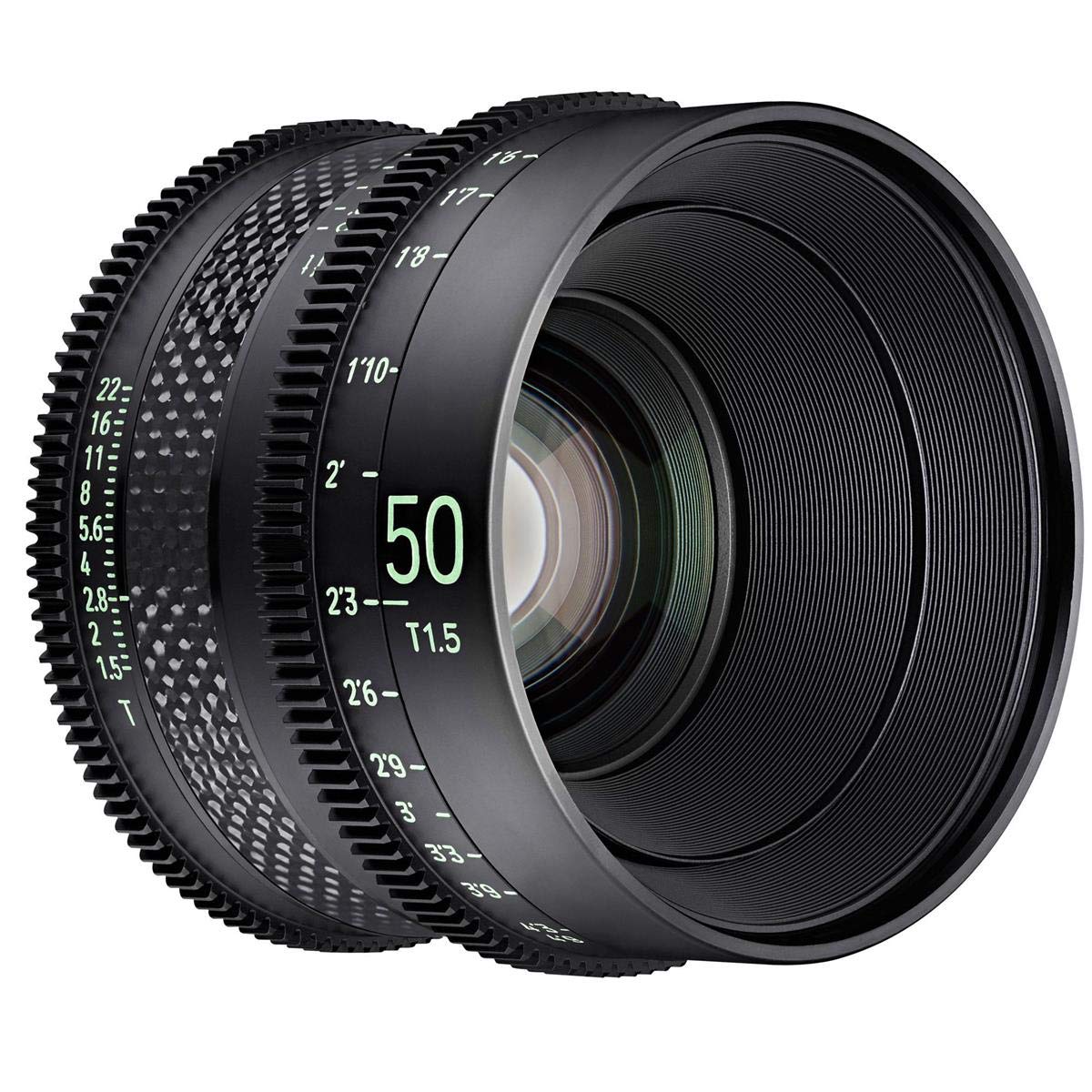 ROKINON XEEN Cf 50 mm T1.5 Pro Kinoobjektiv mit Kohlefaser-Konstruktion und leuchtenden Markierungen für Sony E Mount