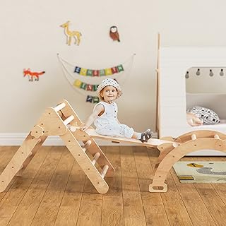 Cozy Castle 3 in 1 Wooden Climbing Toys for Toddlers, Foldable Pikler Triangle Climber with Ramp for Sliding or Climbing, Oak