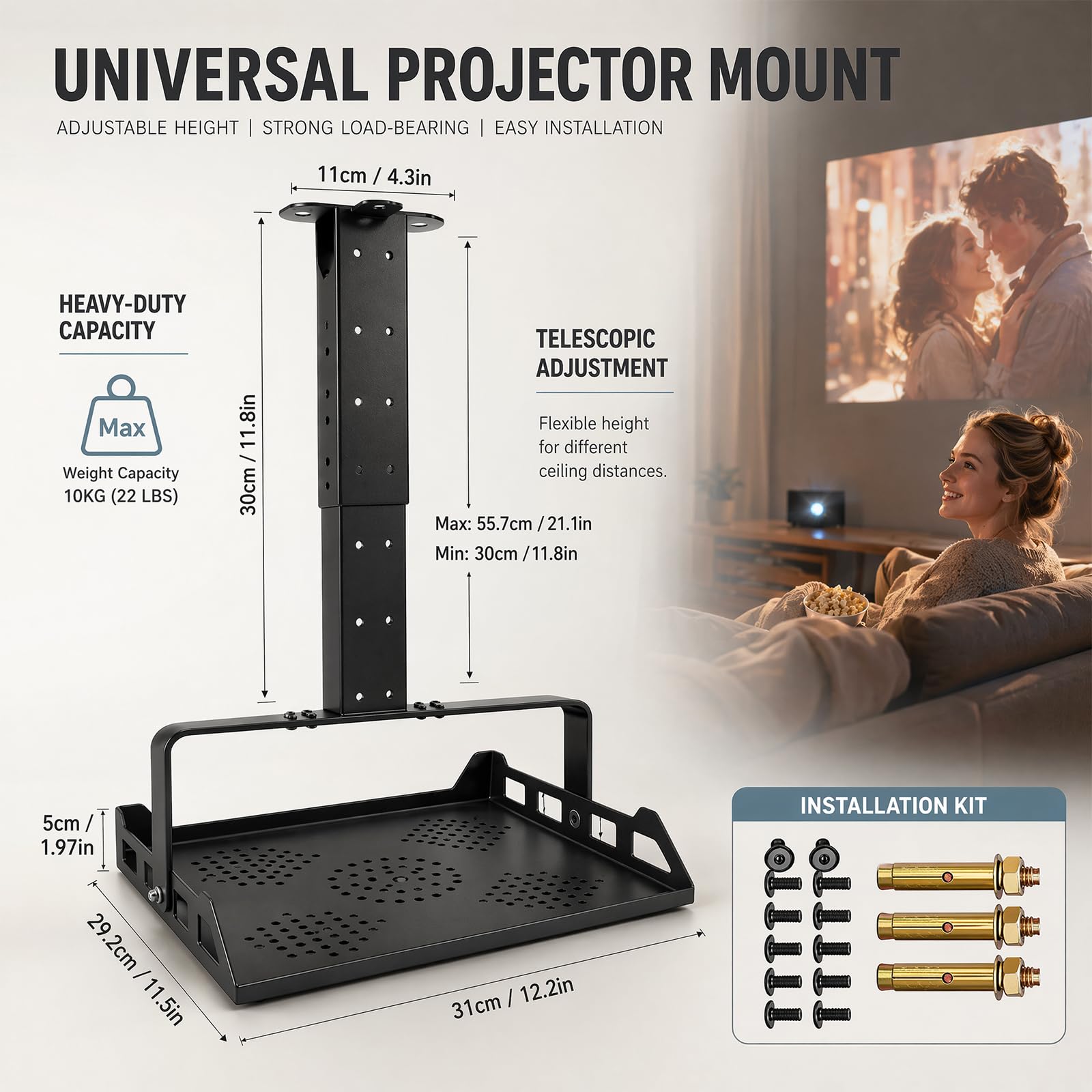 Support de Plafond Vidéoprojecteur Télescopique Réglable 30 à 56cm Noir, Support Universel Charge Max 10kg avec Etagère Ventilée et Guide-Câble Intégré pour Home Cinéma Bureau