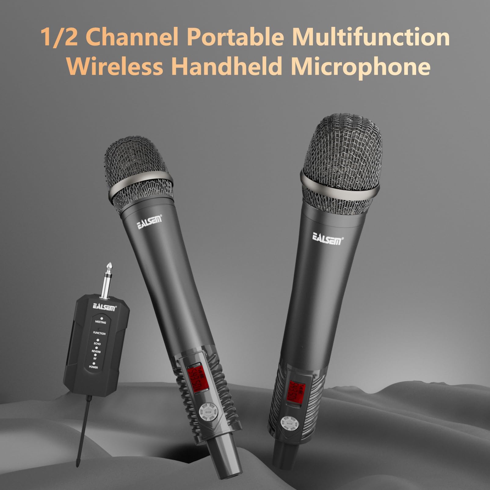 ealsem Wireless UHF Dual Channel Metal Dynamic Microphone,Rechargeable Receiver with Adjustable Reverberation, Echo, Conference Mode,for Karaoke, DJ, Party, Speech, Black Gray (2 Channel)