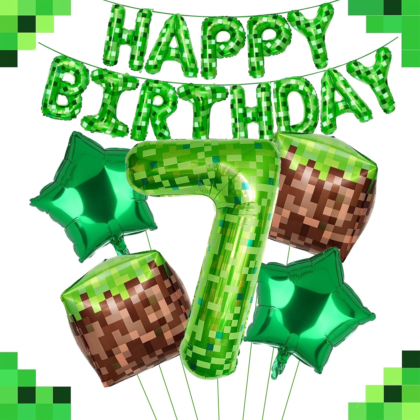 Mavouri Pixel Geburtstagsdeko 7 Jahre Junge mit Happy Birthday Ballon, Pixel Miner Luftballon 7 Jahre Junge, Grün Pixel 40 Zoll Luftballons Zahlen 7, Videospiele Helium Ballon 7 Geburtstag Jungen