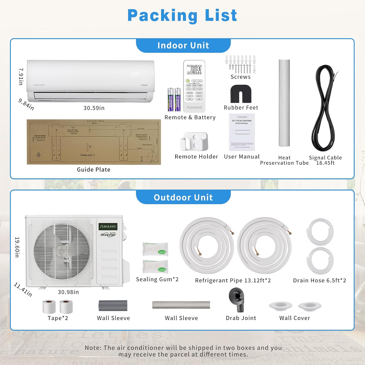 Diagram showing all included components for the JINJUNYE Mini Split Air Conditioner, separated into Indoor Unit Package and Outdoor Unit Package, with dimensions and labels for each part.