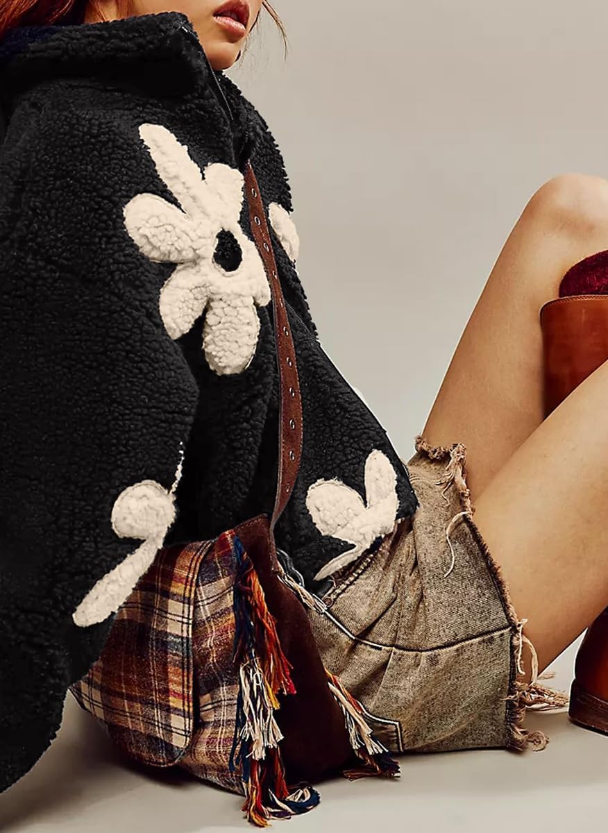 chouyatou Women's Fuzzy Fleece Cute Floral Jacket Zip Up Winter Oversized Faux Fur Coat Sherpa Jacket - Image 4