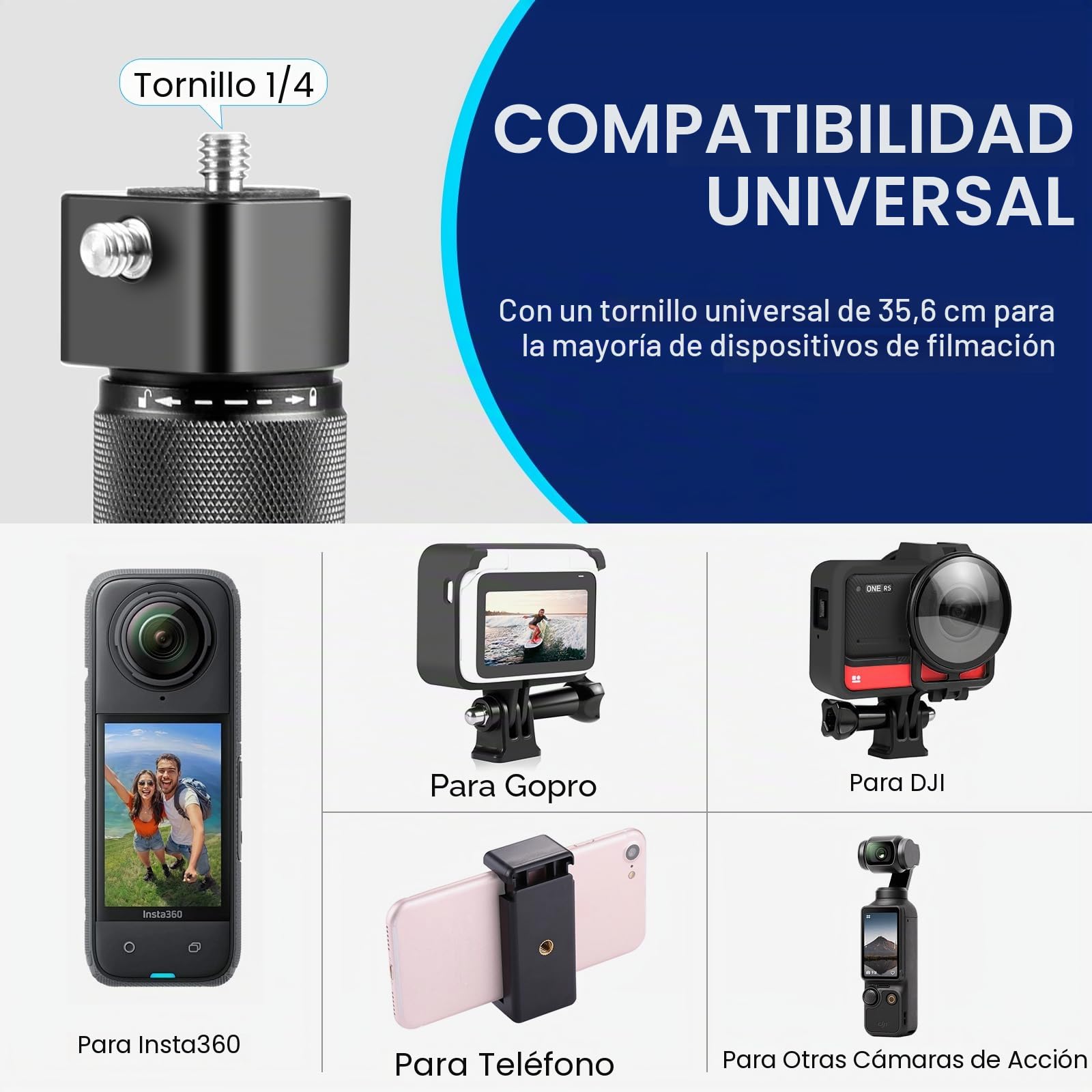 PULUZ Insta 360 Bullet Time para Insta360 X3 X4 ONE X2, Mini trípode con doble tornillo de 1/4 pulgadas para GoPro Hero 12 11 10 8 7 6 5