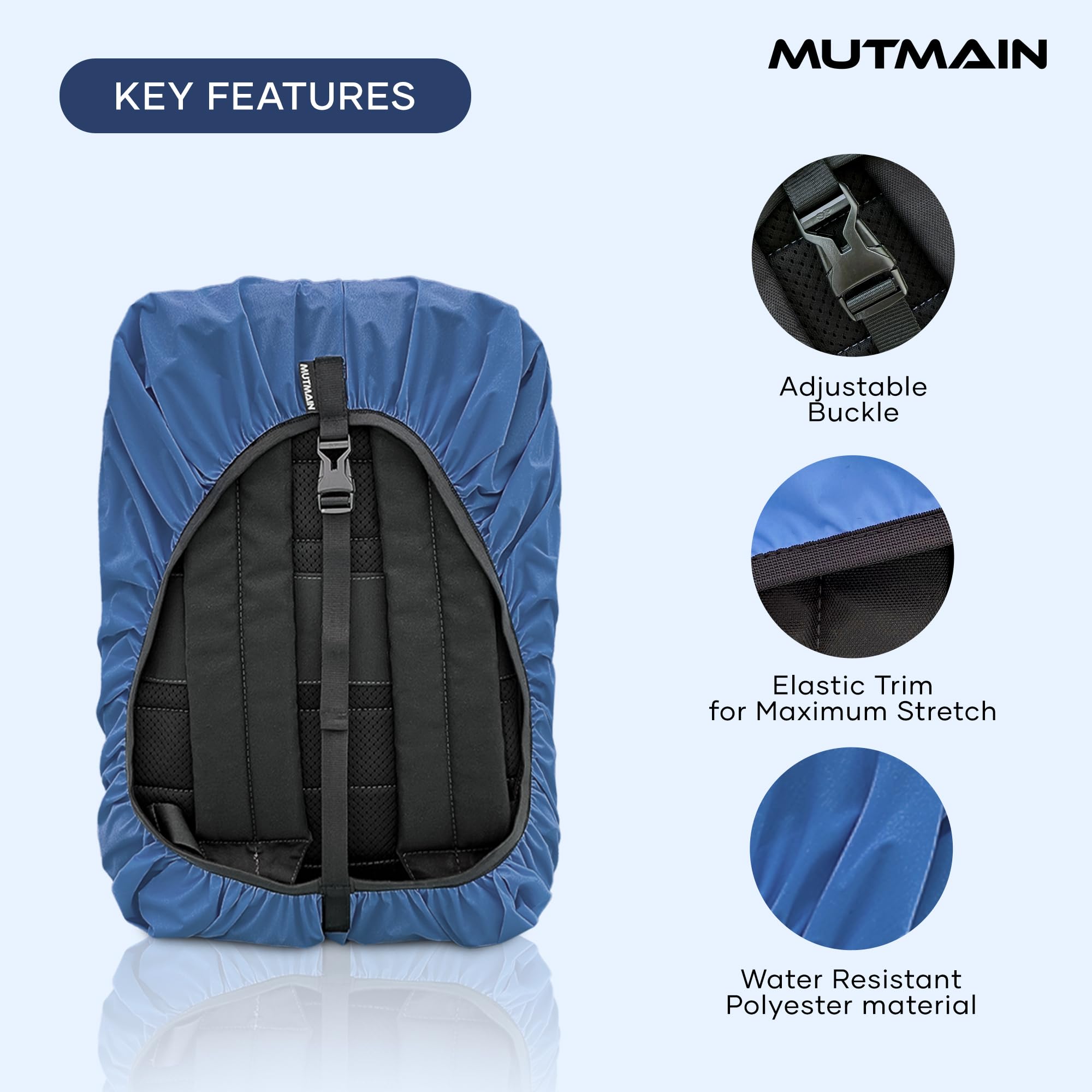 MUTMAIN Bag Cover Waterproof 40L to 50L PU Coated Rain Cover for Backpack Bags, Suitable Bags for Laptop, School, Tail, Trekking, Travel Bag with Adjustable Buckle (Royal Blue)