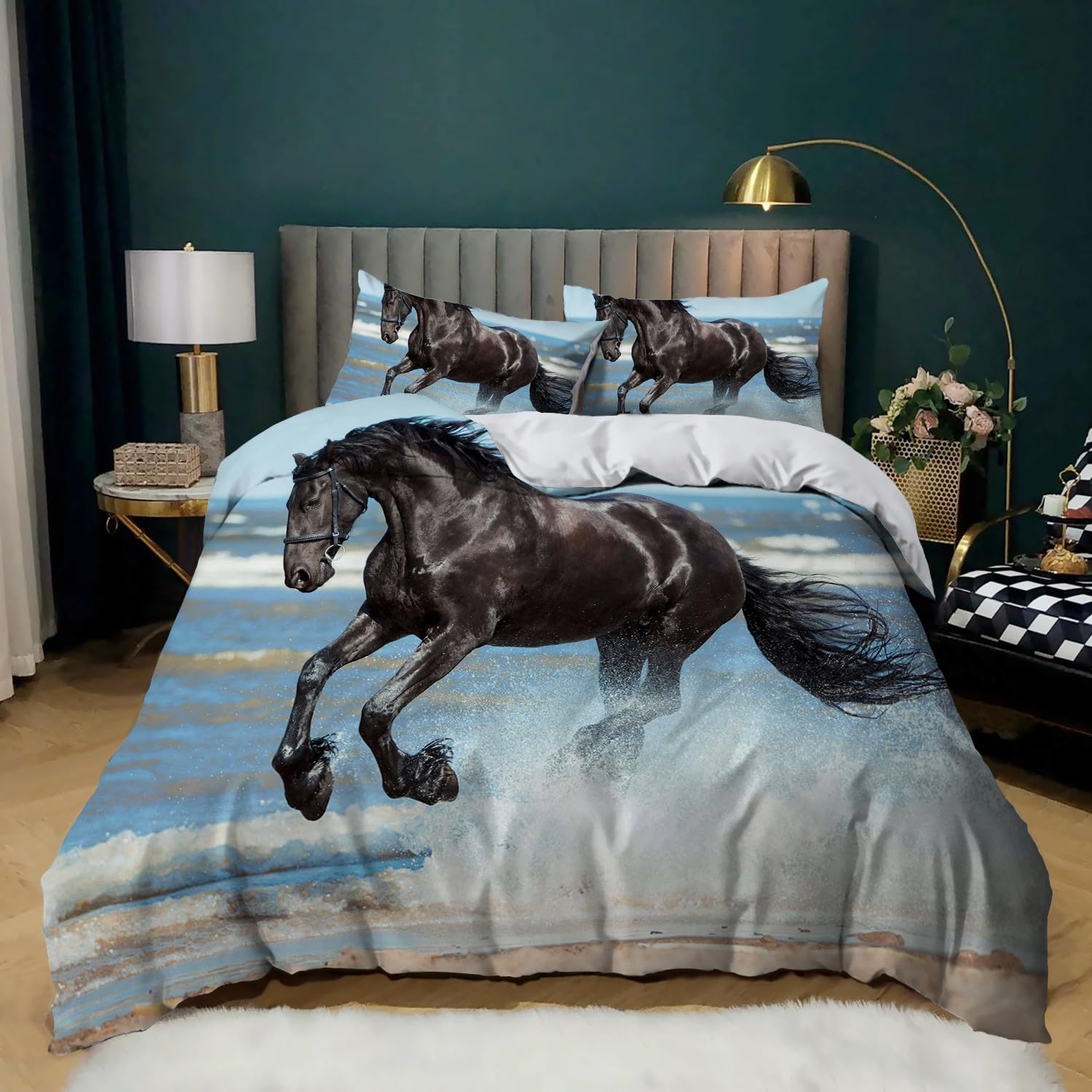 Bettwäsche 155x220 cm Schwarzes Pferd, Bettbezug 3teilig Weiche Allergiker Microfaser Bettwäsche-Sets, Deckenbezug mit Reißverschluss und 2 Kissenbezüge 80x80cm