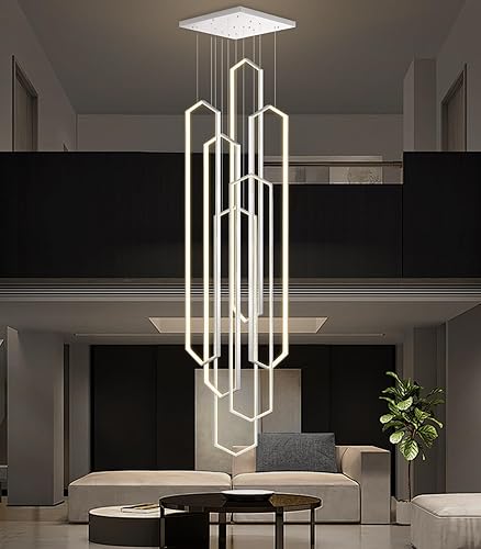 Miniatura 23 de Candelabro moderno de 6 anillos, luz LED dorada contemporánea para entrada de sala de estar, lámparas de techo alto regulables con control remoto