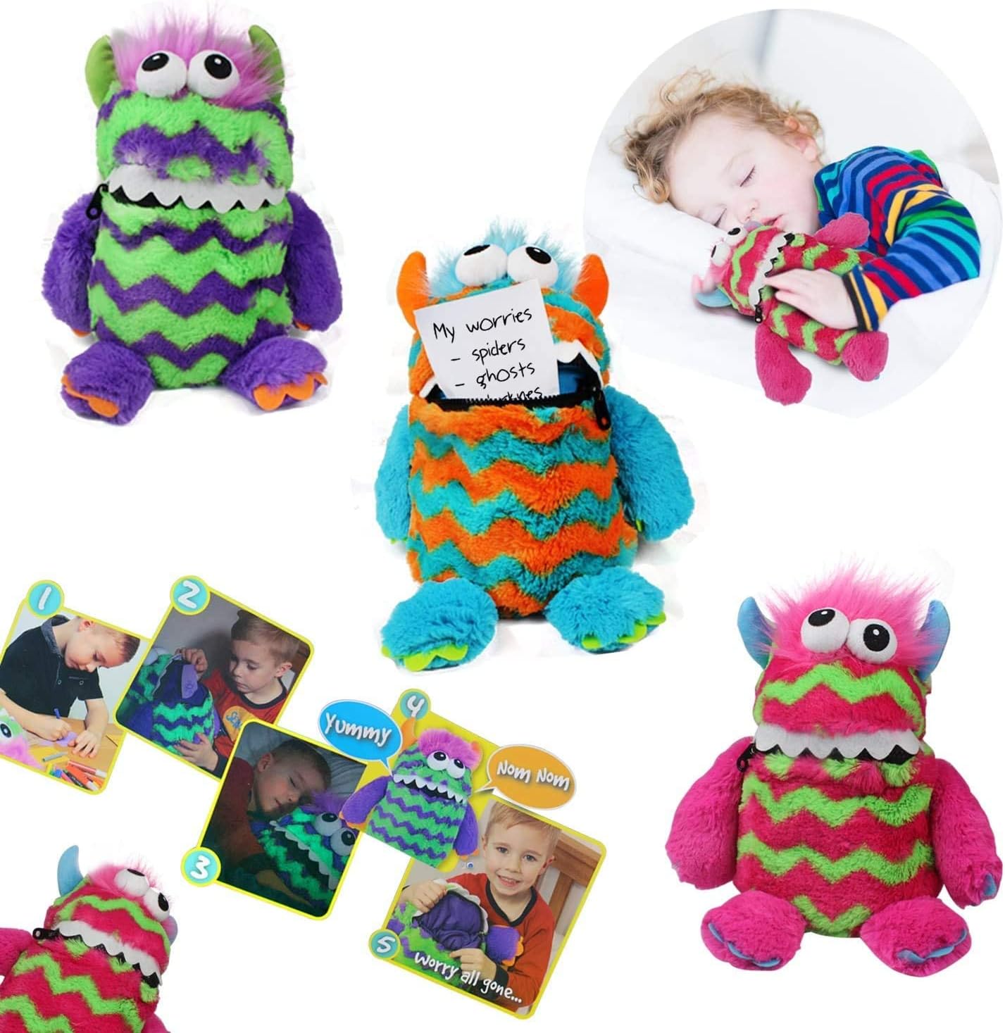 Worry Monster Soft Plush Toy Pink and Green Childrens Write Down Your Worries Cuddly Toy Gosh! Designs 9”