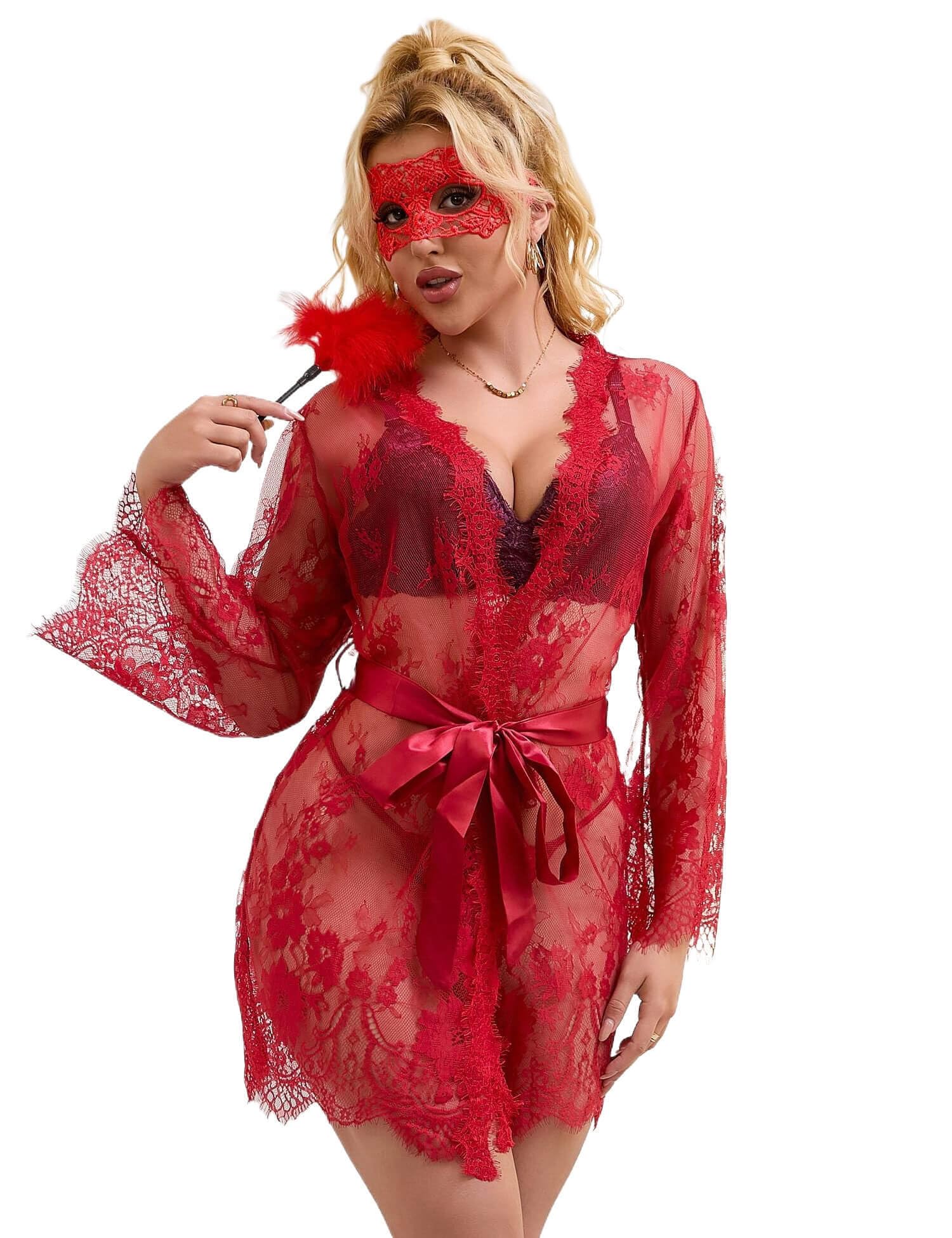 ohyeahlady Womens Sexy Lingerie Set Plus Size Babydoll Nightwear Kimono Dressing Gown Lace Robe with G-String,Belt, Size XS-6XL
